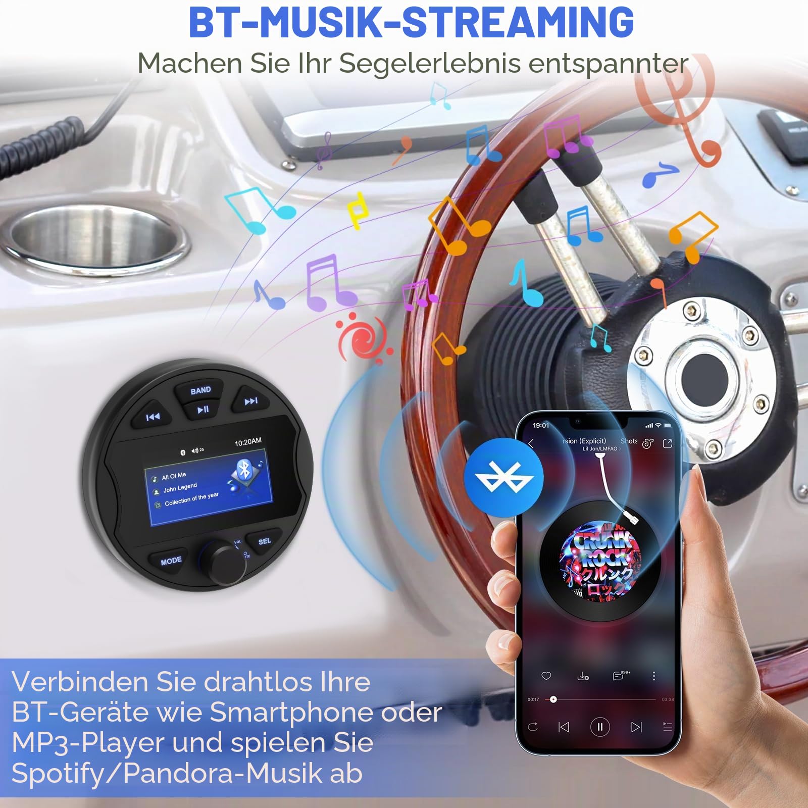 Marine Radio RCA Subwoofer Boot Stereo MP5 Media Player für BT & FM/AM Funktionell, USB IPX6 Wasserdicht für Boote Schiff und Fachgebrauch