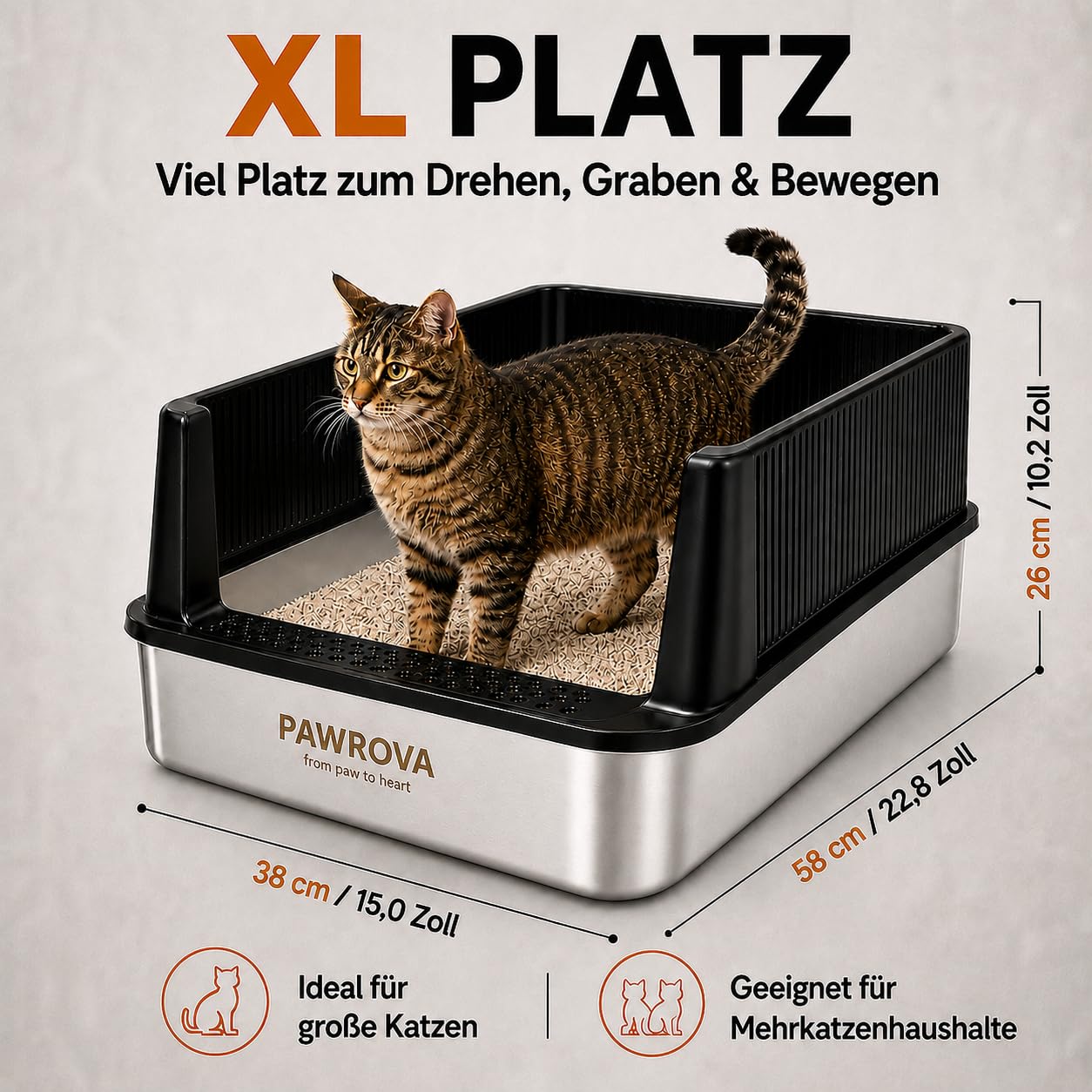 Katzenklo aus V2A Edelstahl, XL Katzentoilette mit hohen Seiten