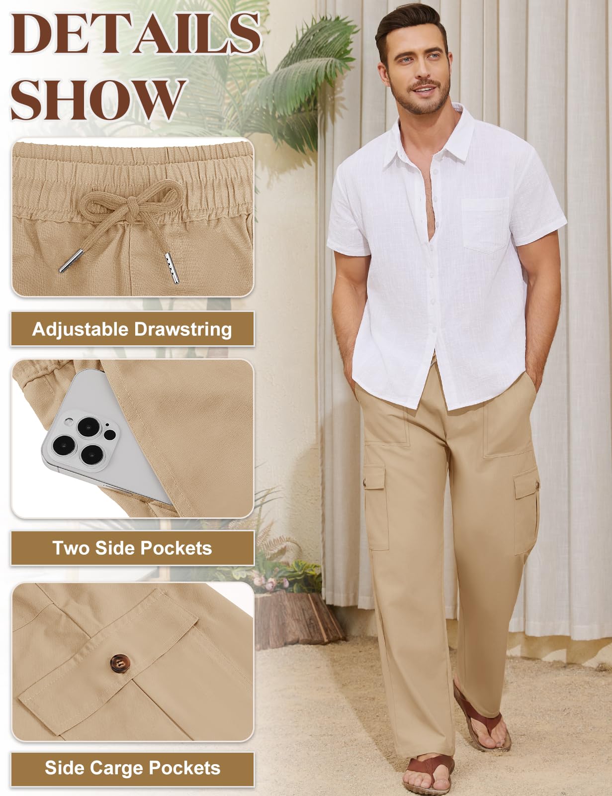 Voqeen Pantaloni Lino Uomo Estivi Pantalaccio Uomo Estivo Casual Pantaloni Elasticizzati in Vita con Tasche Cargo Pantalone di Lino Leggeri da Spiaggia Larghi