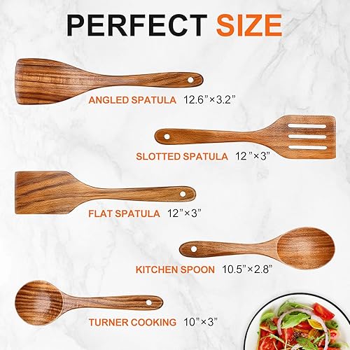 Vista 7 de 5 Pcs Best Wooden Spoons for Cooking Kitchen Utensils Set Acacia Wood Cooking Spatula Turner Non Toxic Utensil Slotted Serving Spoon Flat Spatulas