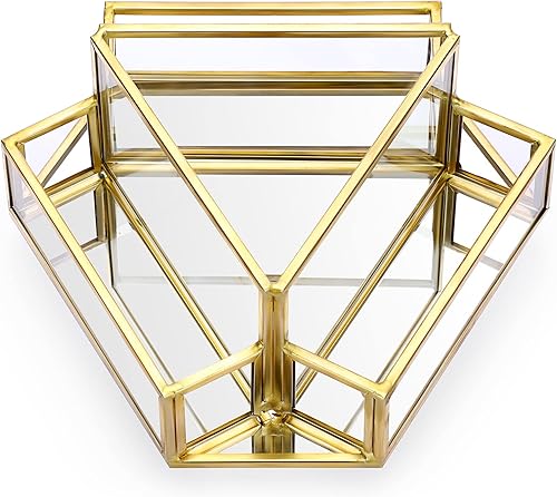 Miniatura 5 de Hipiwe Soporte giratorio para tarjetas de visita de 360, 4 ranuras de vidrio dorado, soporte de exhibición para tarjetas de presentación con espejo