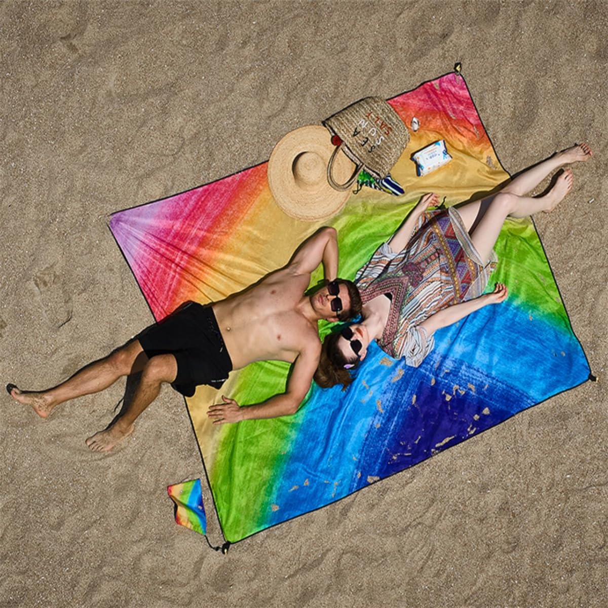 Koc plażowy, wodoodporny, odporny na piasek, ponadwymiarowy, żółw, tęczowy nadruk boho, 180 x 221 cm, bardzo duża, bez piasku, mata plażowa, niezbędna do parku, na piknik, koncert, podróż,