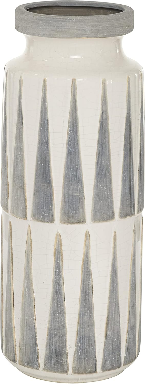 Deco 79 Ceramic Decorative Vase Centerpiece Vase with Triangle Patterns, Flower Vase for Home Decoration 7" x 7" x 17", White