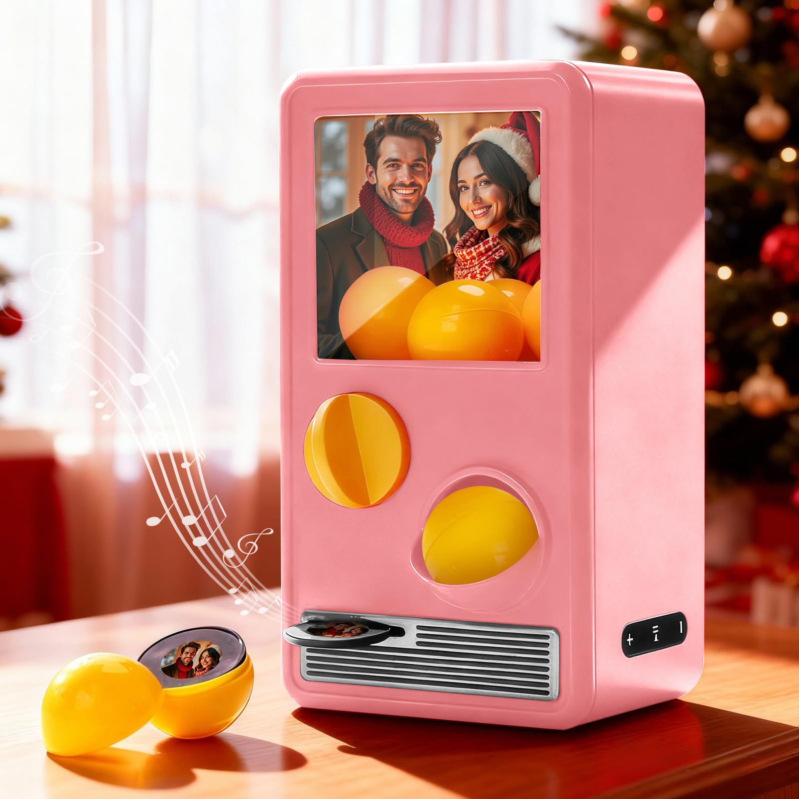 Custom Gacha Machine, Personalised Gachapon Machines That Plays Songs, Toy Capsule Vending Machine with Photo & Music, Record Player with Custom Cd, Customised Gifts for Him Her (Coral Pink)