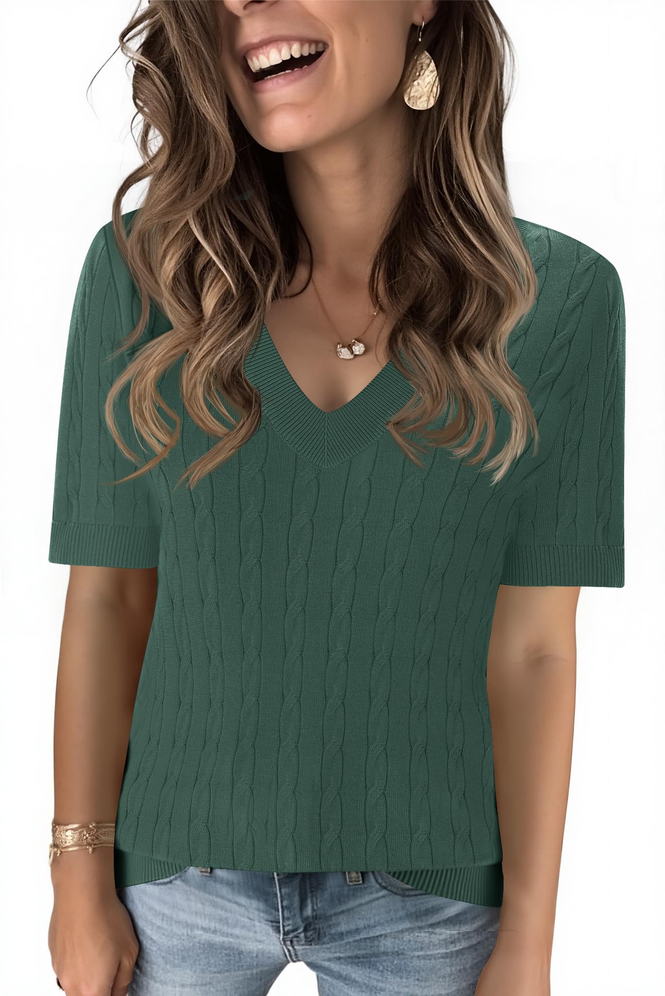Kistore Womens Short Sleeve Sweaters V Neck Cable Knit Pullover Tops Summer Lightweight Sweater Shirts Blouses 2026