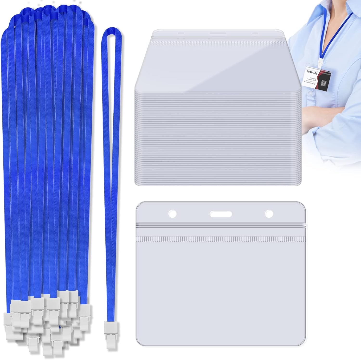 Horizontal Badge Holder with Lanyard，50 PCS Clear