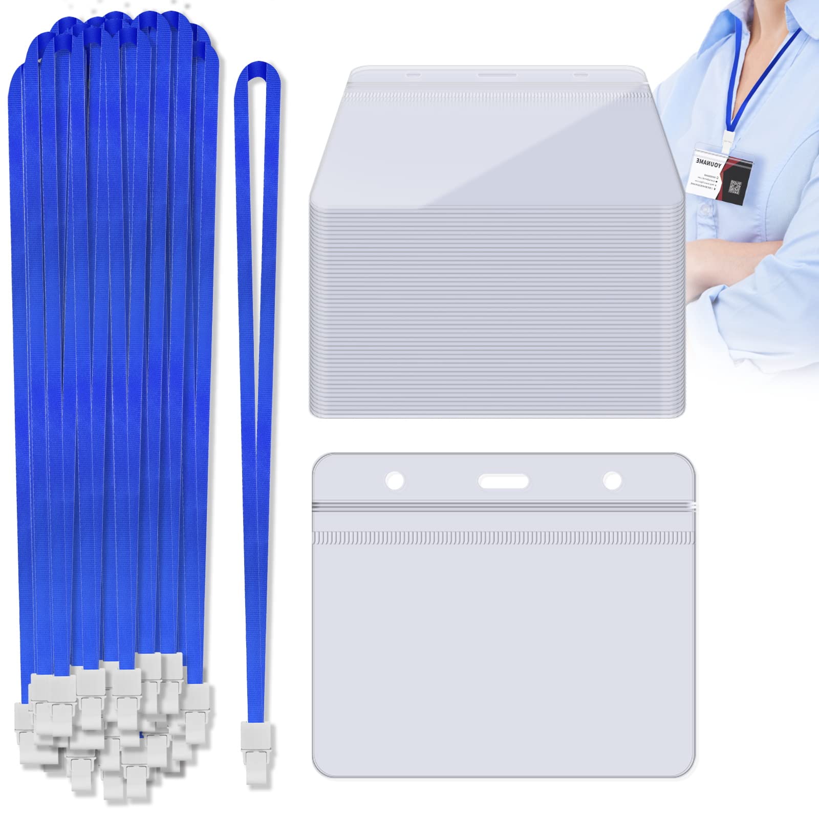 Horizontal Badge Holder with Lanyard，50 PCS Clear Waterproof id Badge Holder with 50 PCS Blue Flat Neck Badge Lanyards for School Business Office