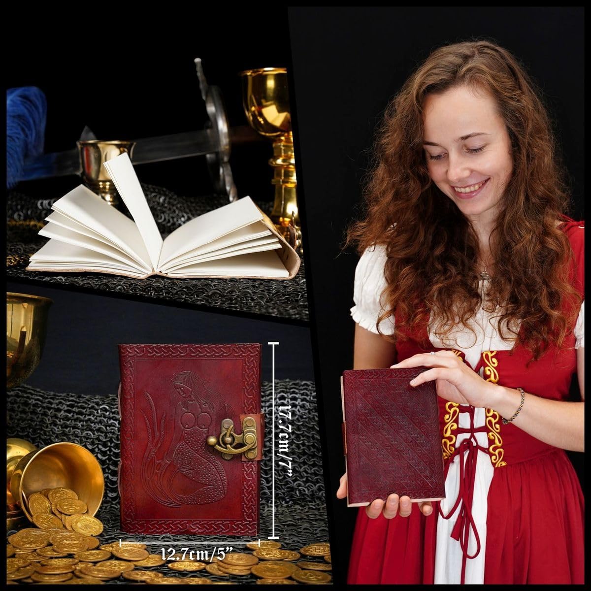 Mythrojan Genuine Leather Journal Handmade Diary Notebook 5 x 7 Inches Mermaid Embossed Vintage Diary with Brass Lock Writing Pad Daily Notepad For Men Women, Gift for Artist, Sketchbook