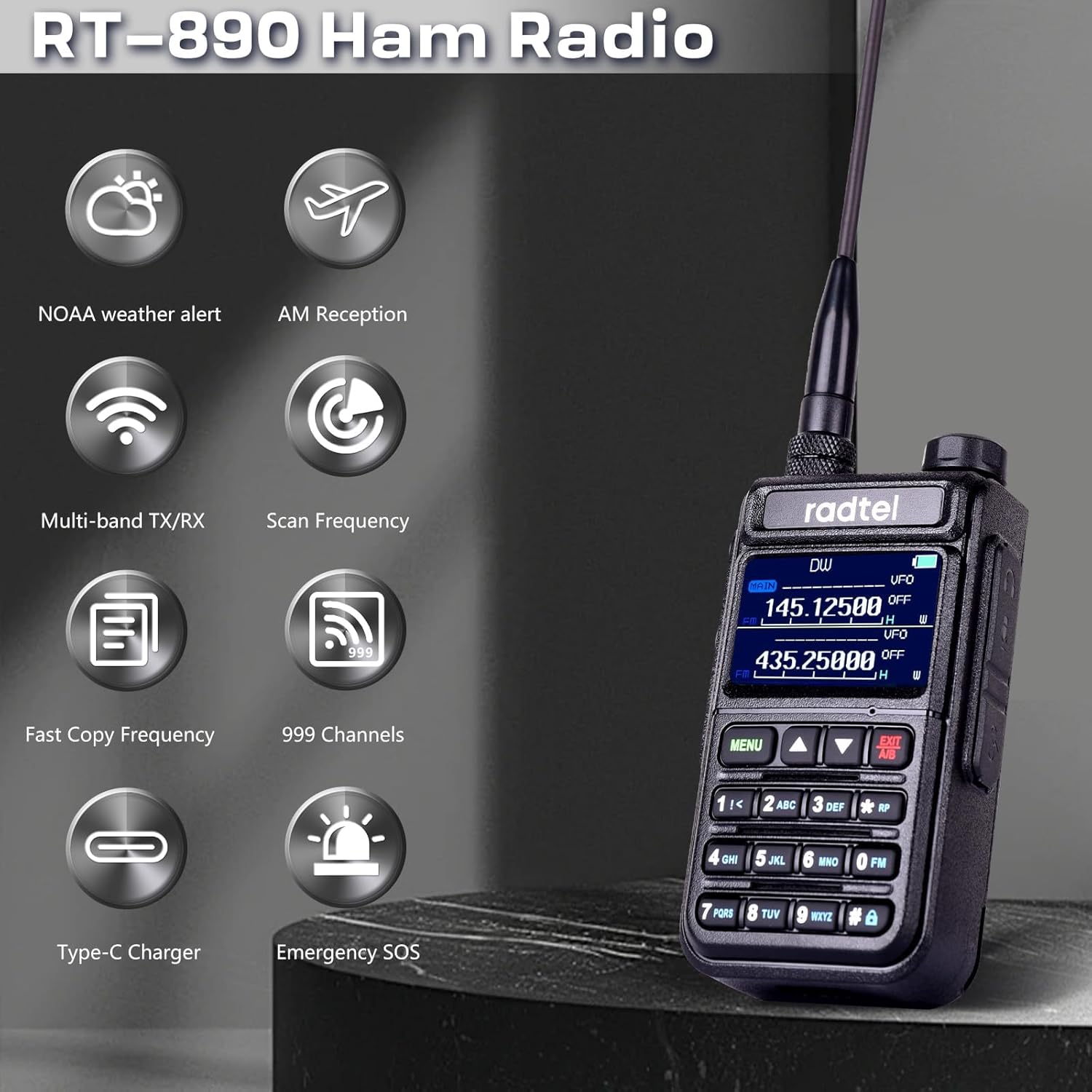Radtel RT-890 features including NOAA, AM reception, multi-band TX/RX, scan frequency, fast copy frequency, 999 channels, Type-C charger, and emergency SOS.