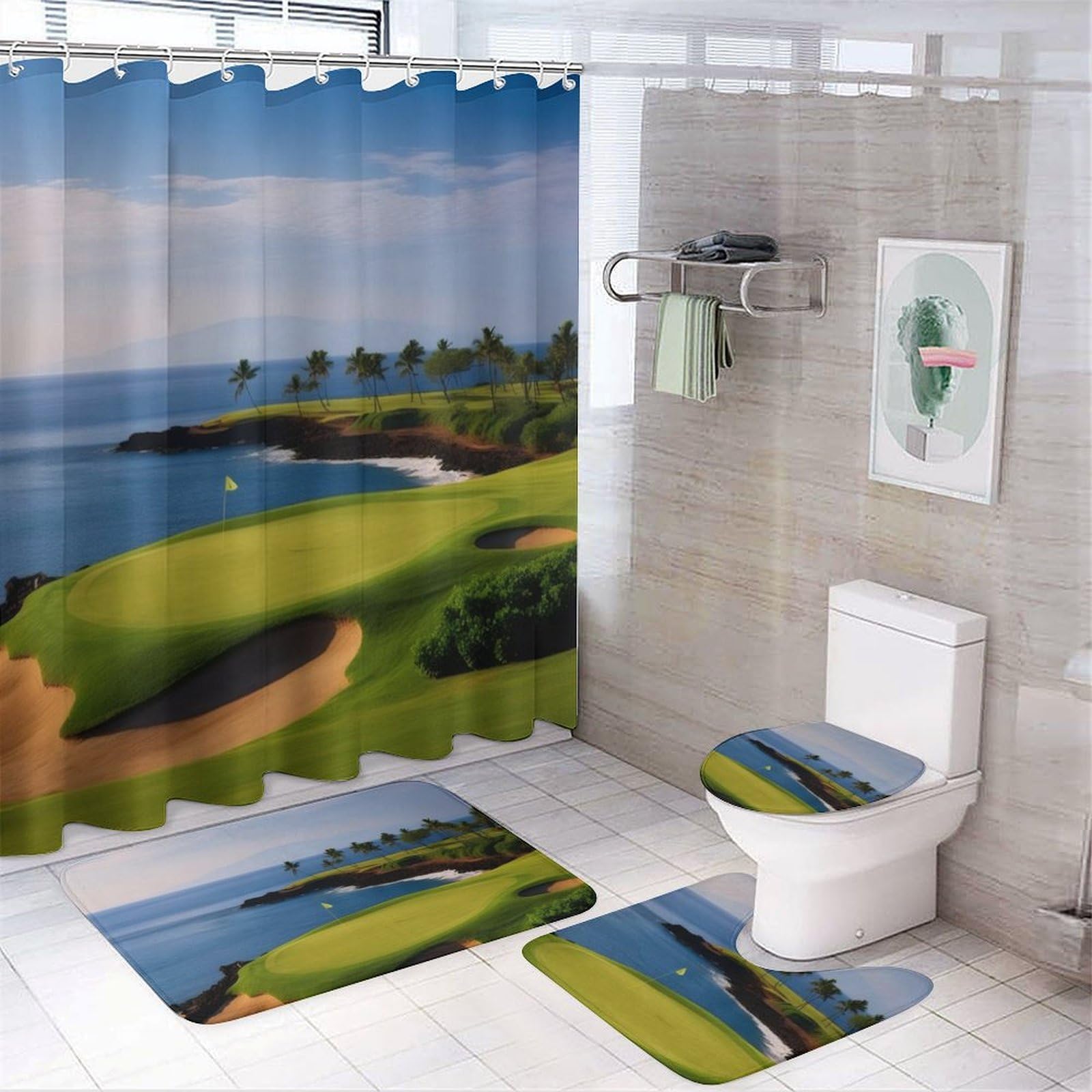 Golf Course Print Four Piece Bathroom Set 183 * 183cm Shower Curtain, Non-Slip Floor Mats, U-Shaped Mat, and Toilet Lid Cover
