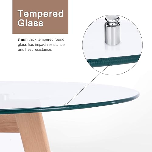 Miniatura 6 de Ivinta Mesa de comedor redonda de cristal, mesa de ocio moderna con patas de madera para cocina, comedor, sala de estar, mesa de té pequeña para 2,