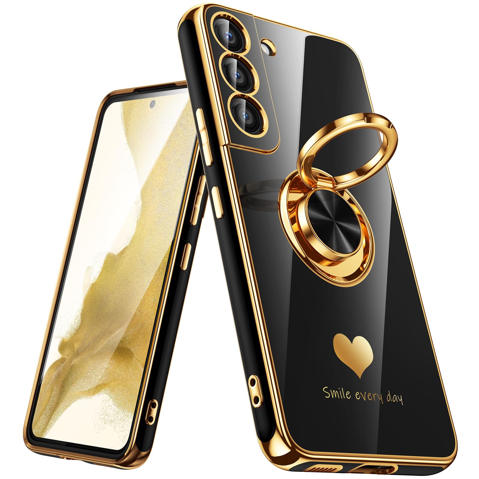 Nonional for Samsung Galaxy S22 5G Case, 360° Rotatable Ring Holder [Luxury Hearts Pattern] Plating Gold Edge Slim Soft Phone Cover Case for Galaxy