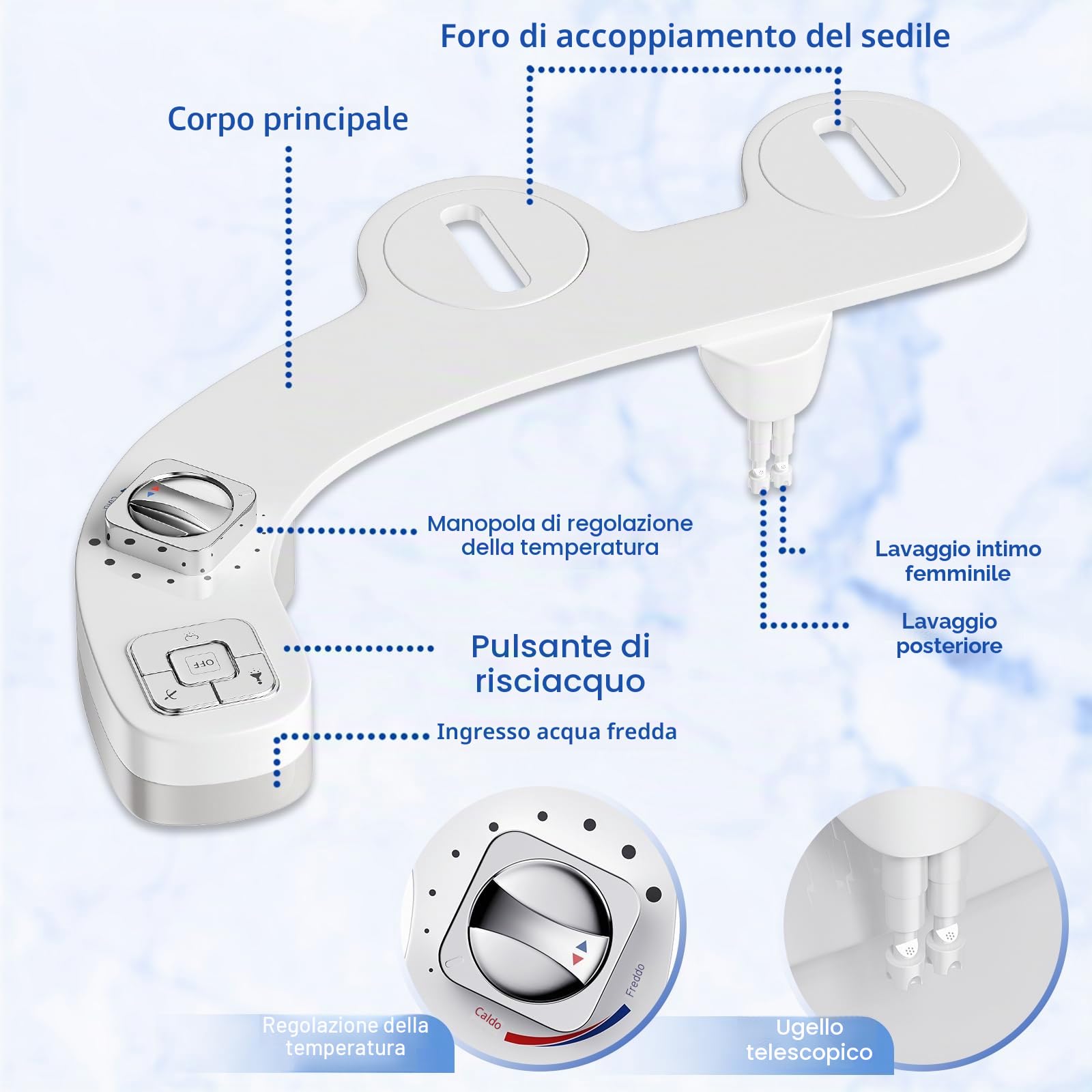 Attacco Bidet per WC UK, Bidet Non-Elettrico con Acqua Calda e Fredda con Doppio Ugello Autopulente (Lavaggio Frontale e Posteriore), Pressione dell'Acqua Regolabile Attacco Ultra-Sottile per