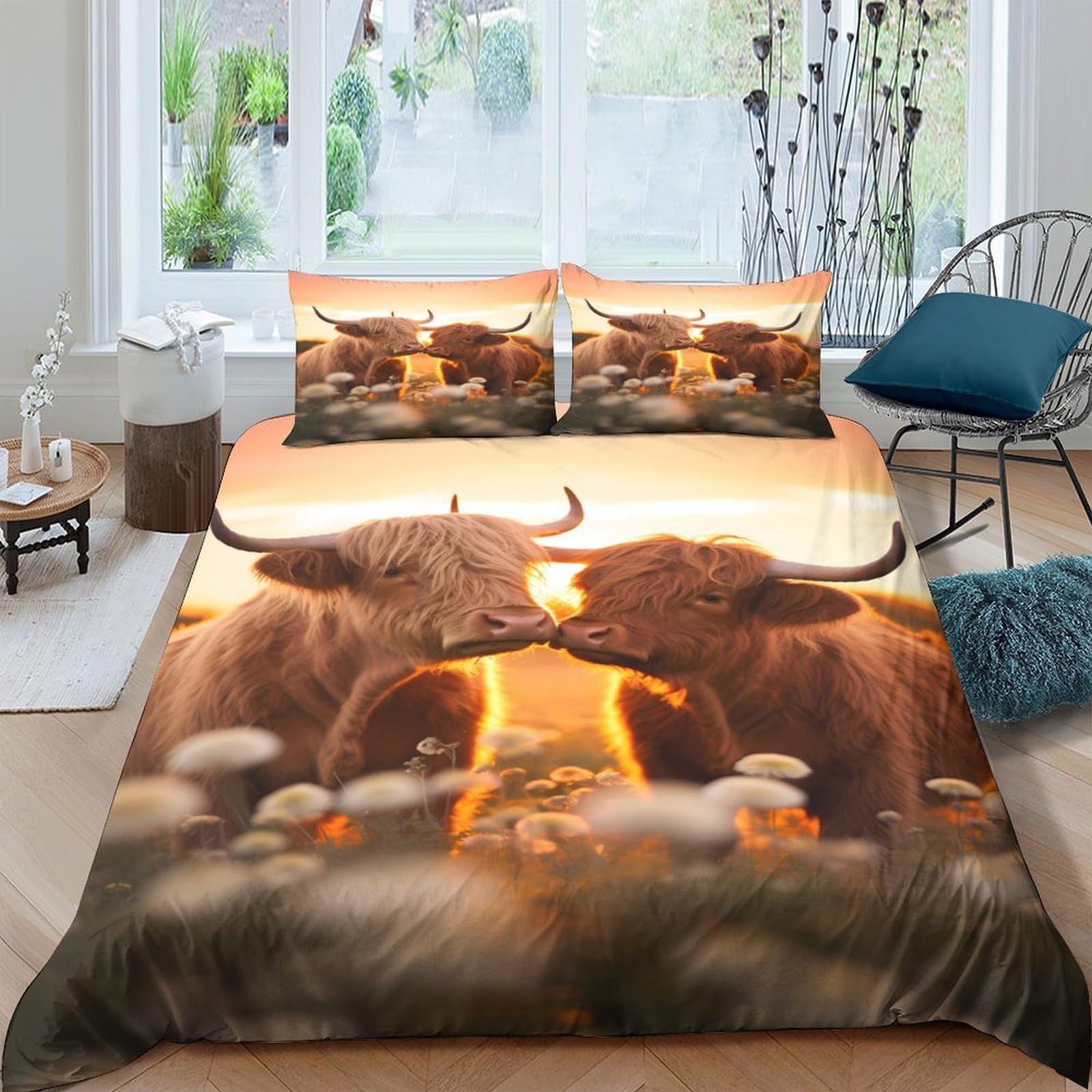 Ctjqhvkz Style-8 3D Printed Highland Cow Fitted Sheet Microfiber Soft Brown Sunset Pasture Mattress Cover Bedroom Home Decor Gift Single（135X200cm）