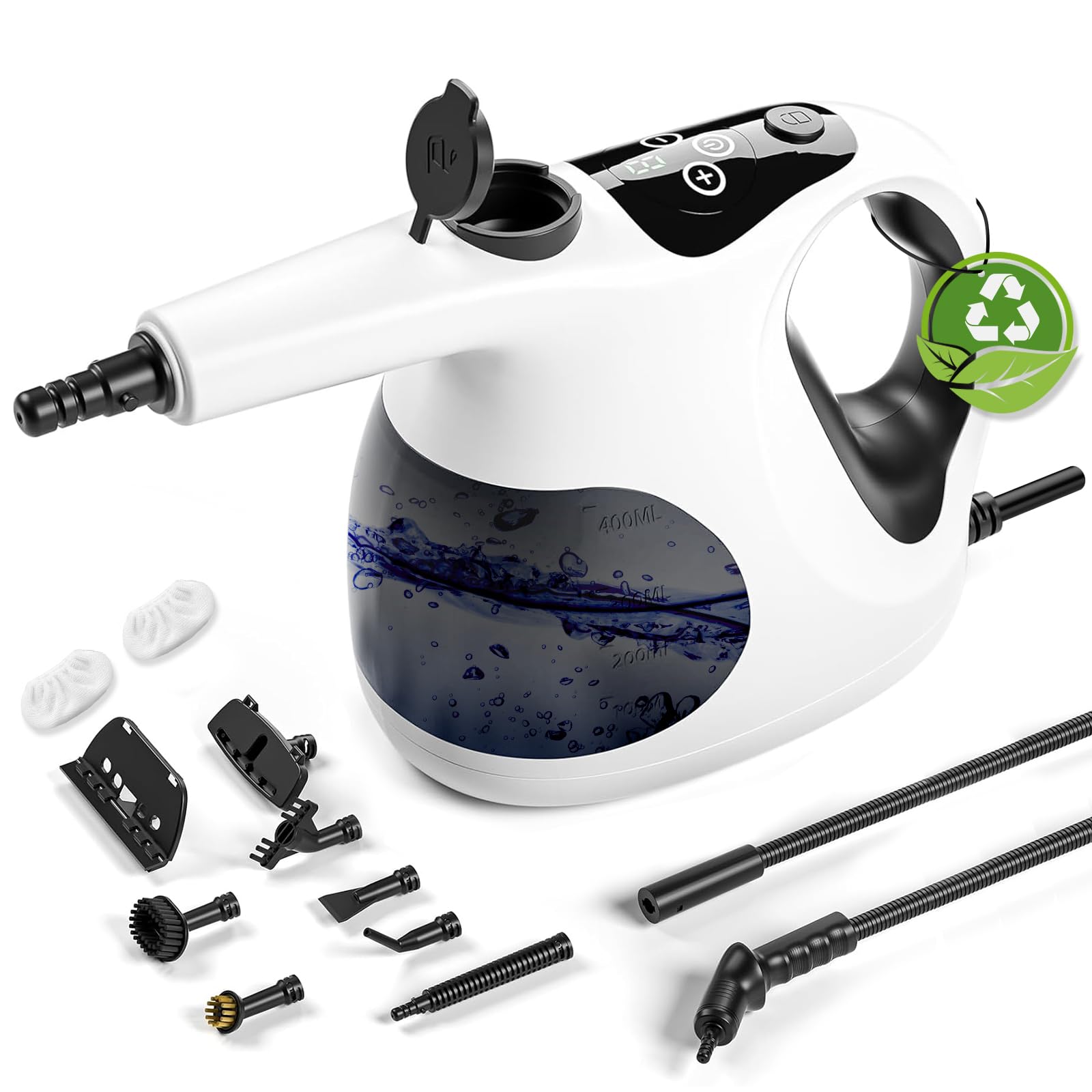 Vaporeta de Mano 1200W, Limpiador a Vapor Portátil con Calentamiento en 15s y Depósito de 400ML, Máquina de Limpieza a Vapor Ligera con 10 Accesorios para Limpieza Hogar, Cocina, Baño, Sofás, Ventanas
