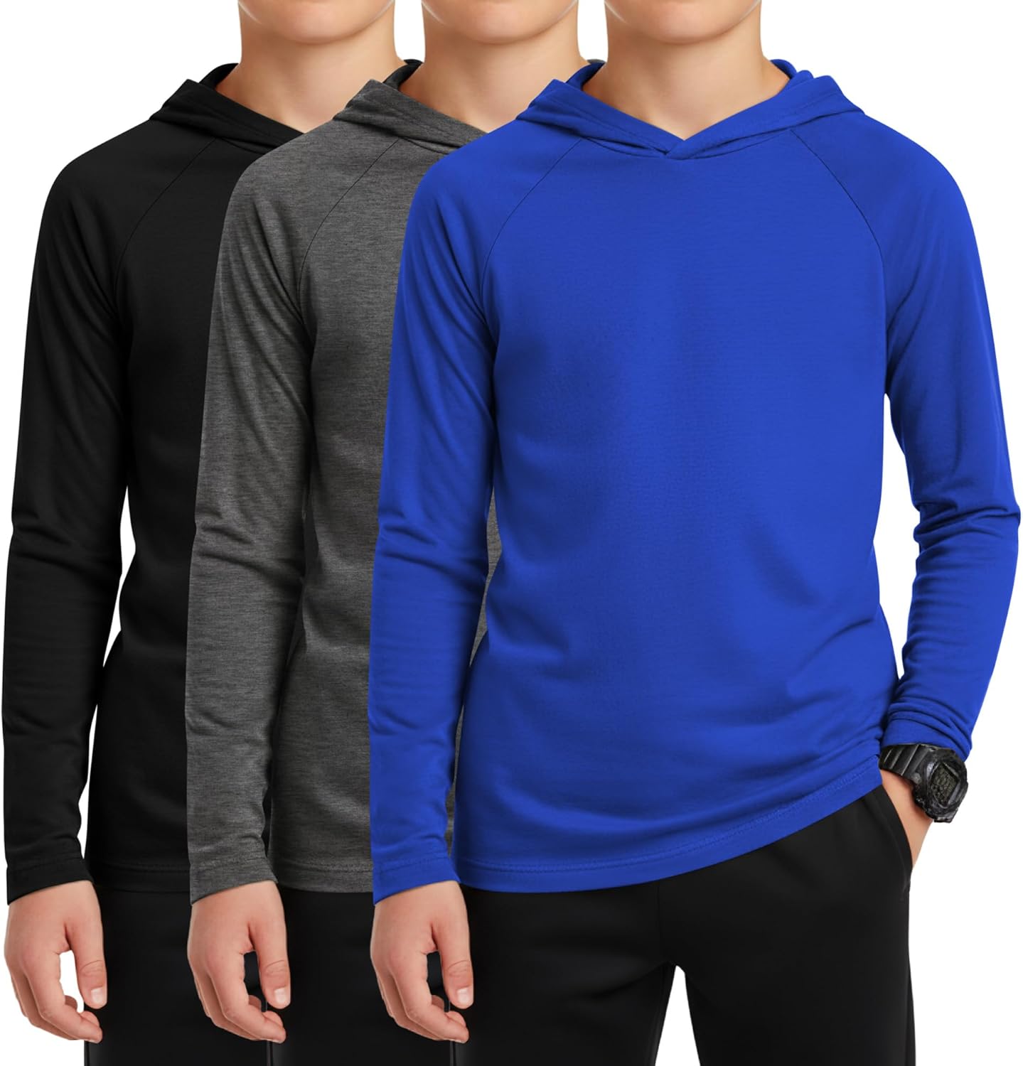 LessonZoo 3 Pack Boys Hoodies Kids Long Sleeve Athletic Workout Cotton Blend Sweatshirts Casual Pullover Shirts(ages 6-18)