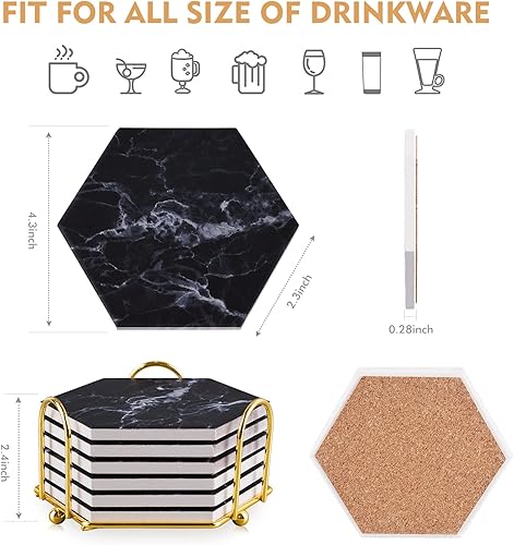 Miniatura 3 de Posavasos negros, posavasos de mármol para bebidas con soporte dorado, posavasos absorbentes con base de corcho para bar, cocina, hogar y decoración
