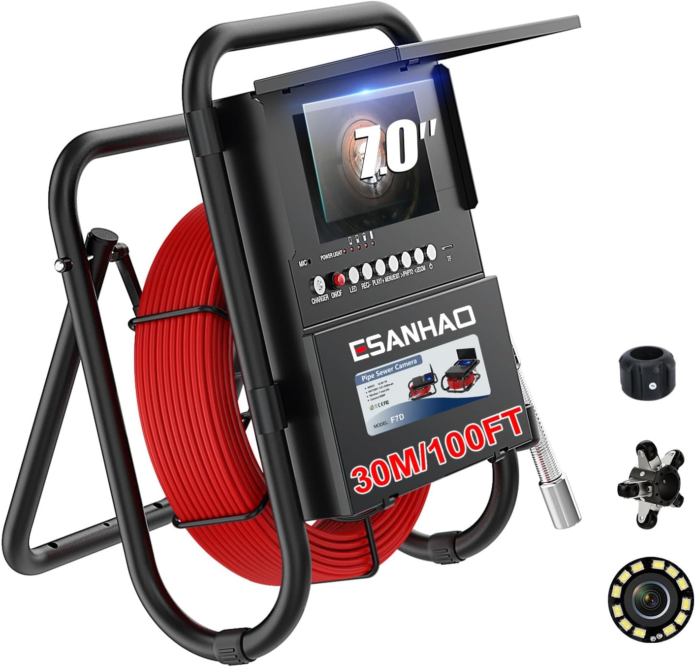 Sewer Camera 100ft Plumbing Drain Camera with 30M Cable Industrial Endoscope IP68 Waterproof Snake Inspection 7 Inch 1000TVL DVR Recording IPS Screen