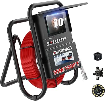Sewer Camera 100ft Plumbing Drain Camera with 30M Cable Industrial Endoscope IP68 Waterproof Snake Inspection 7 Inch 1000TVL DVR Recording IPS Screen