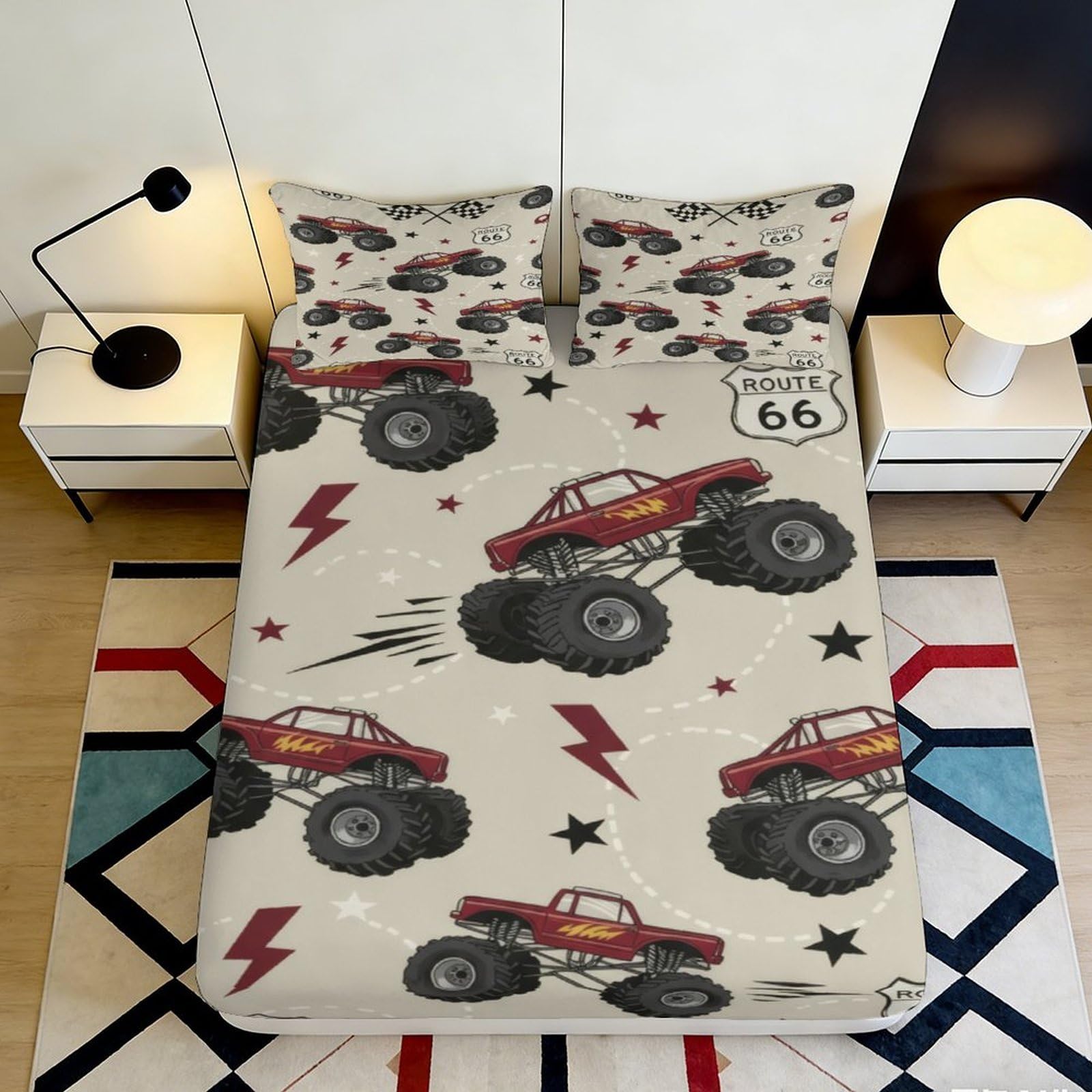 3D Printed Monster Truck Fitted Sheet Microfiber Soft Breathable Lightning Star Bed Cover for Bedroom Dorm Mattress Protection Decor 90x200x25cm