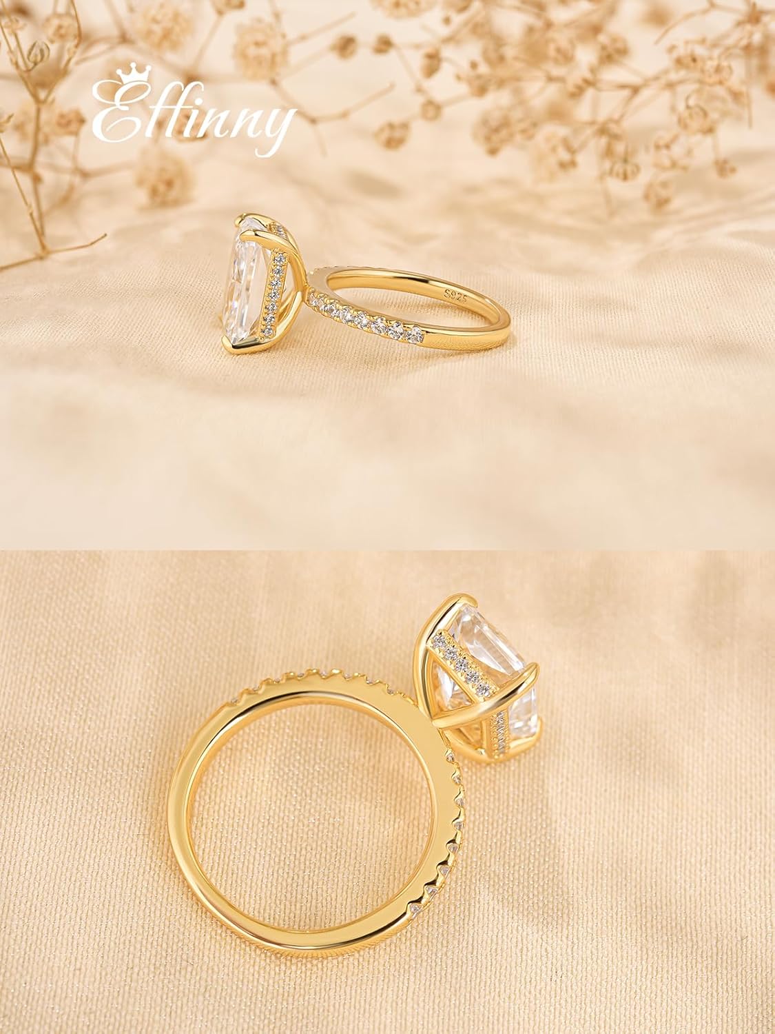 3.5/4.0/7.0 Carat 14K Yellow Gold Plated Elongated Radiant Cut Engagement Ring for Women,925 Sterling Silver Promise Wedding Ring