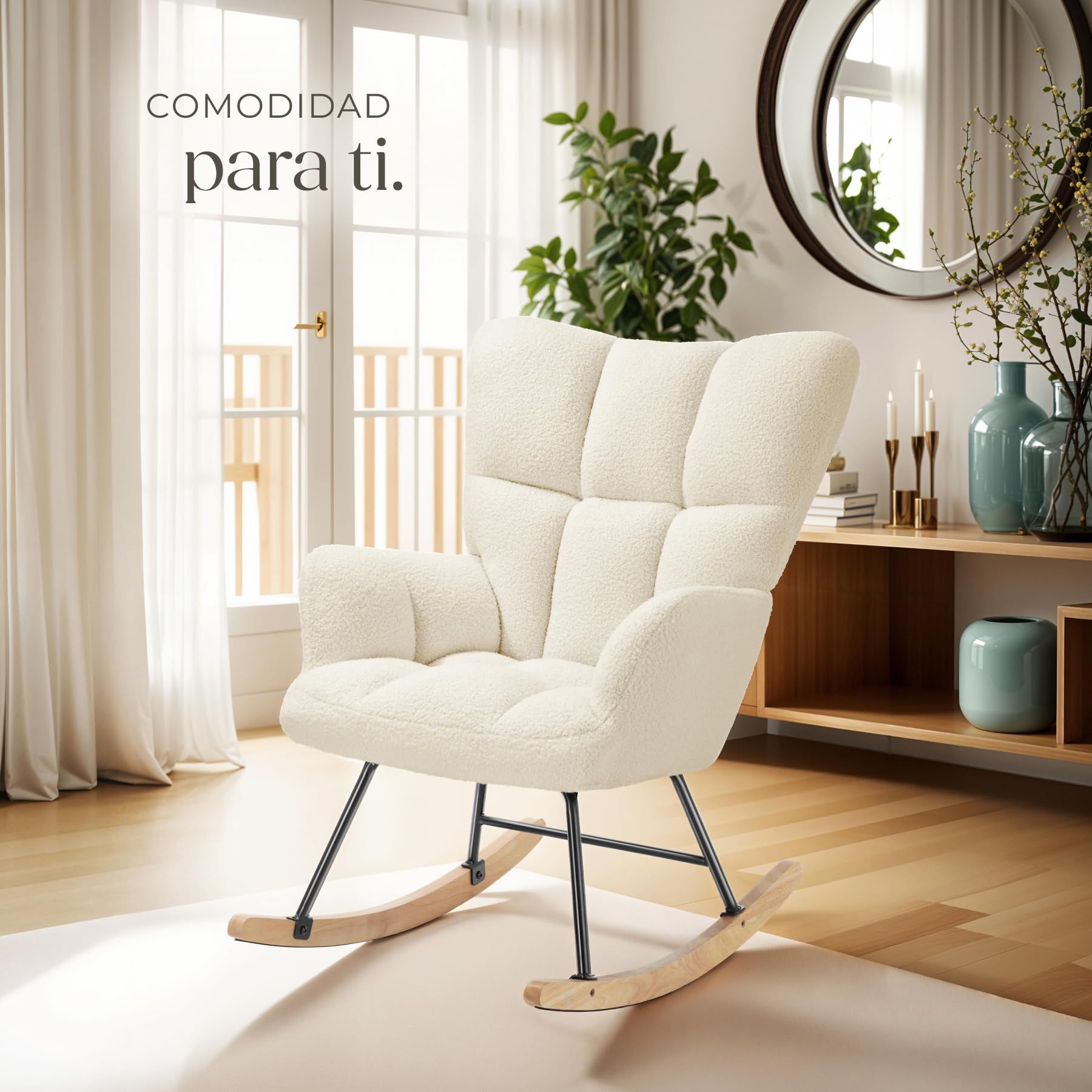 tectake® Mecedora Tapizada, Silla Mecedora, Butaca de Salón con Estructura en Acero y Patines de Madera, Silla Lectura, Sillón Lactancia, Sillón Nórdico Dormitorio, Butaca Relax - Beige