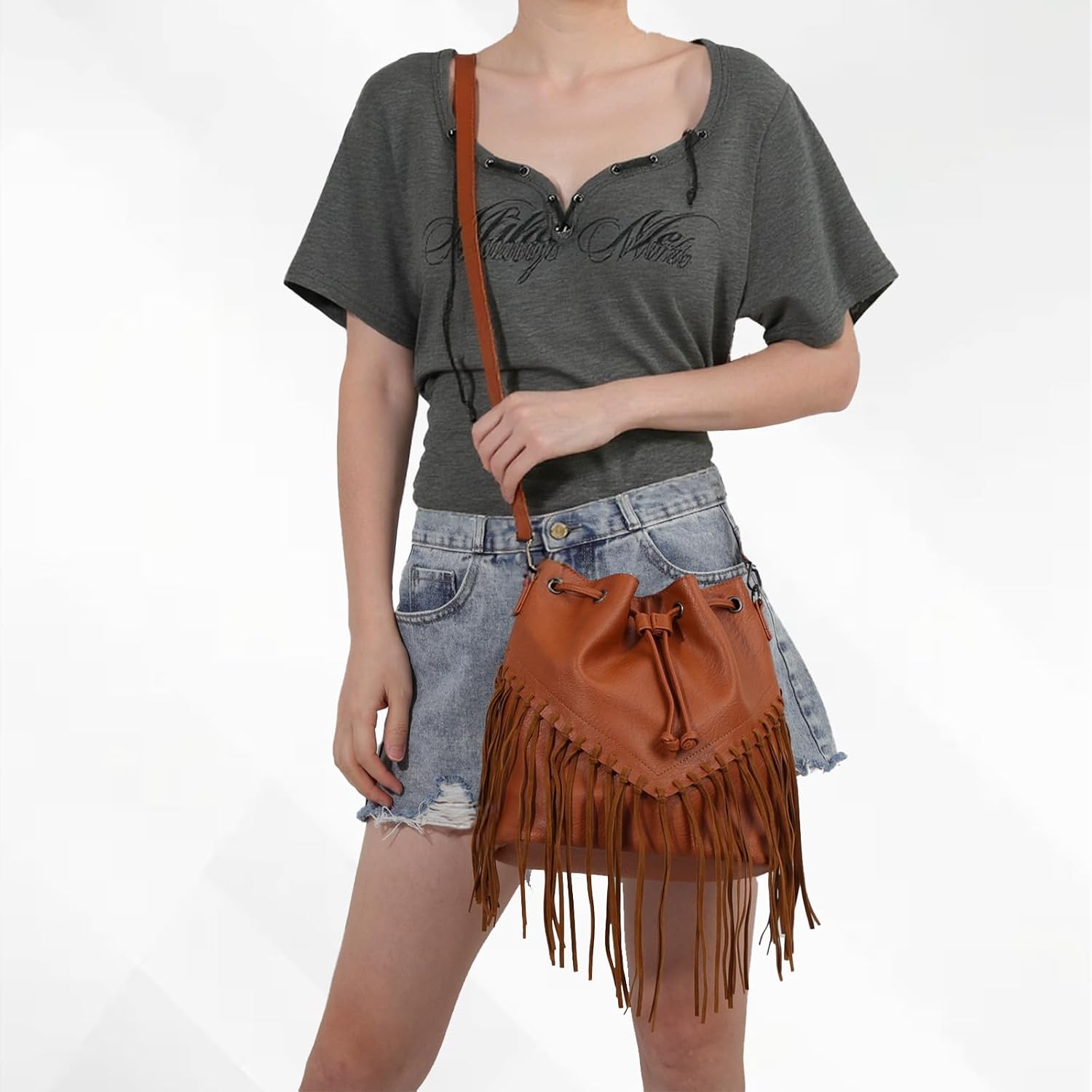 Emprier Fringe Bucket Bags for Women Vegan Faux Suede Leather Western Hobo Purse Crossbody Handbag