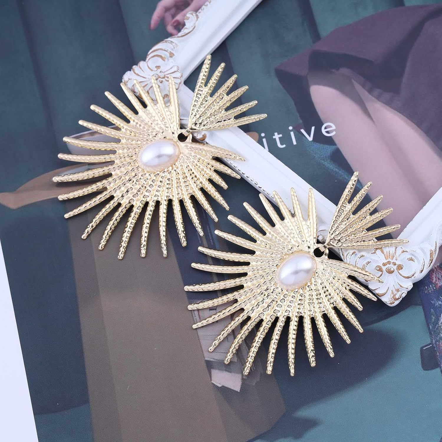 Boho Exaggerated Sunburst Drop Earrings Pearl Sunburst Earrings Punk Gold Sun Dangle Earrings Large Oval Pearl Earrings Jewelry for Women - Image 3