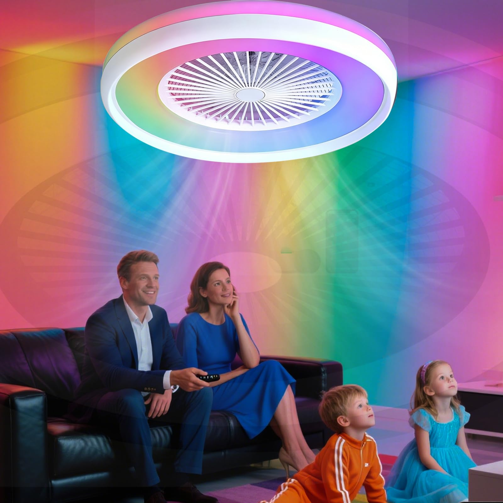 SXDMOUBK 48CM RGB Ceiling Fan with Light,Remote APP Control,Google & Alexa Compatible,6 Speeds Quiet Ceiling Fan Reversible,Timer Fan Light Ceiling Dimmable LED,Memory Function for Bedroom Kids Room