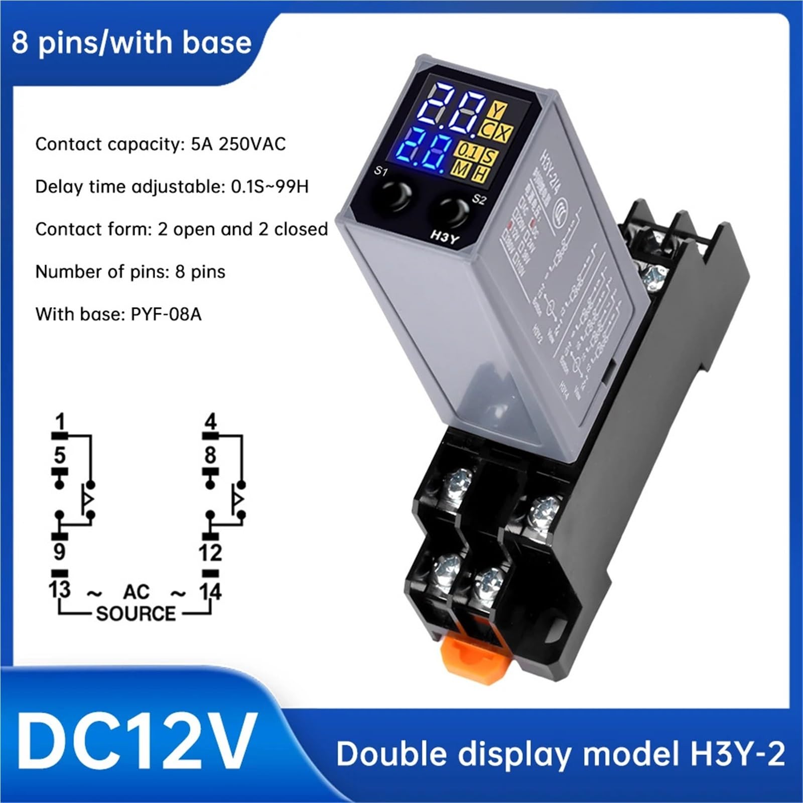LCD-Anzeige Verzögerungsrelais Einschaltverzögerungsregler Zeitrelais Elektronisches Verzögerungszeitrelais mit Sockel DC12V/24V A220V