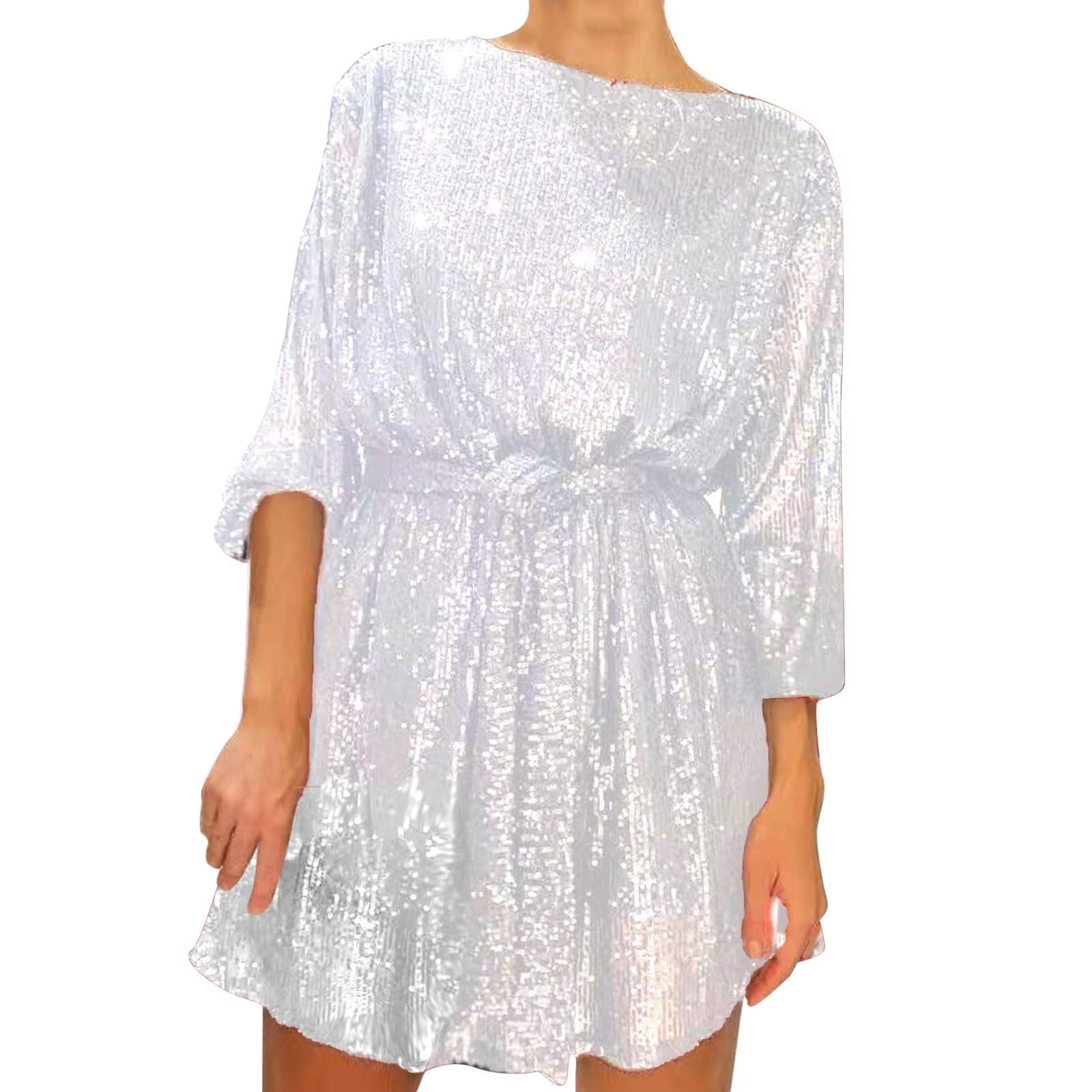 MOEENCN Abito Donna Rete Paillettes - Maniche Lunghe Colletto Quadrato - Foto 3