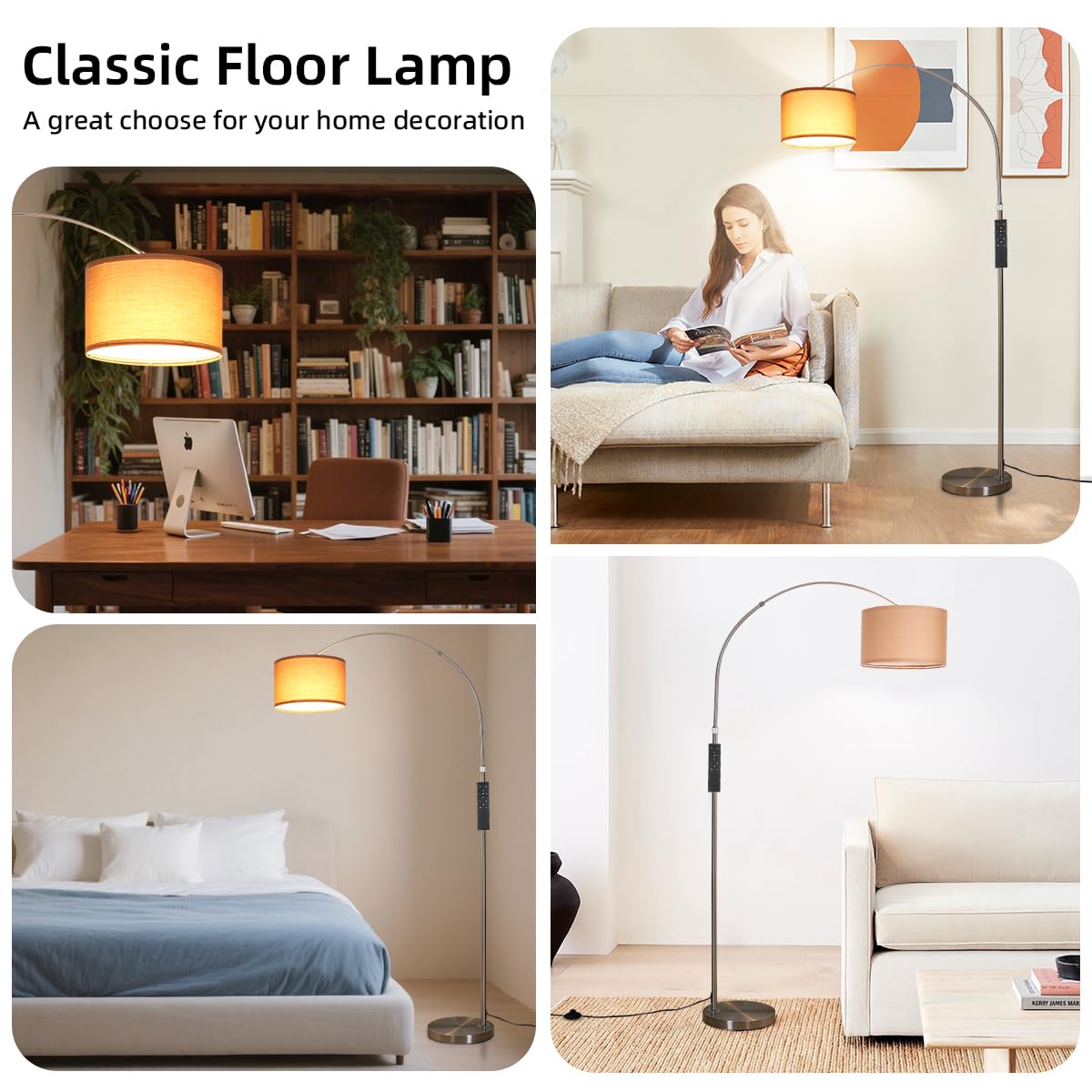 ANTENLICHT AURA Bogenlampe Stehlampe mit Fernbedienung Inklusive LED E27 | Wohnzimmer Stehlampe Dimmbar Nickel I Stoffschirm Braun I Fußschalter I Bogenleuchte Vintage für Schlafzimmer, Hotel