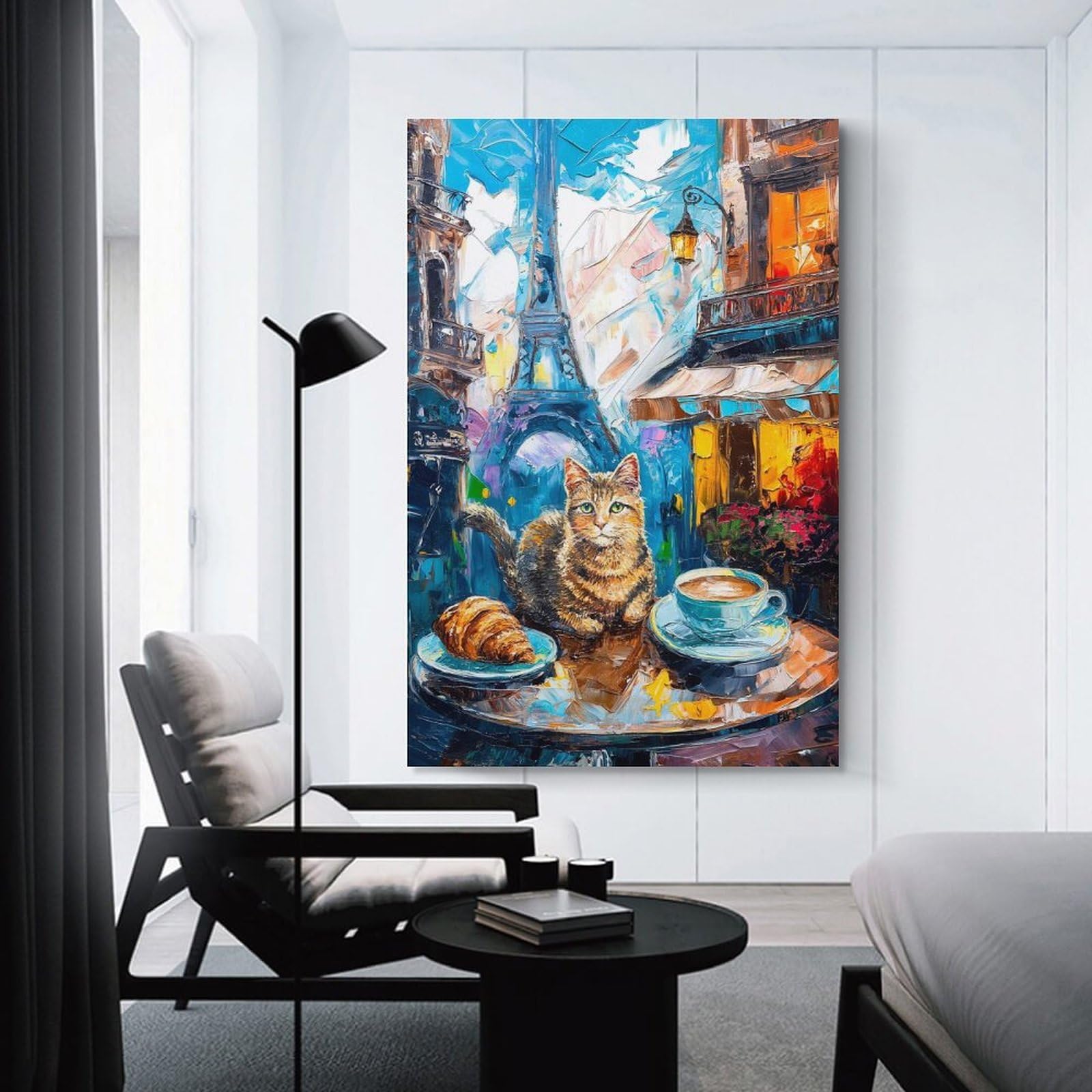 Junmoney Parisian Cat Cafe Painting(2) Canvas Wall Decor, 20x30inch(50x75cm), for Home Office, Desk Area Or Studio, Wall Art That Adds Style to Work Areas