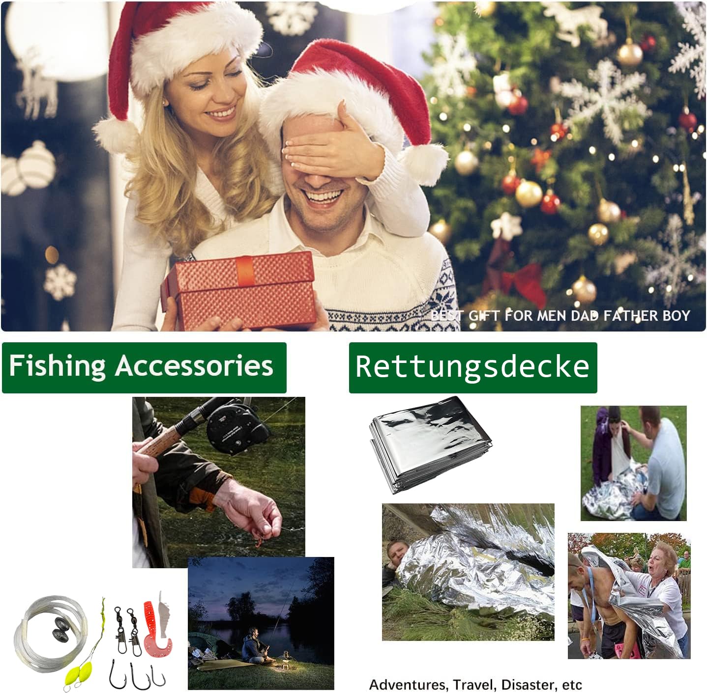 Survival Kit, Outdoor Erste-Hilfe-Set mit Klappmesser, Kompass, Angeln Zubehör für Camping, Bushcraft, Wandern, Bergsteigen, Schwarz