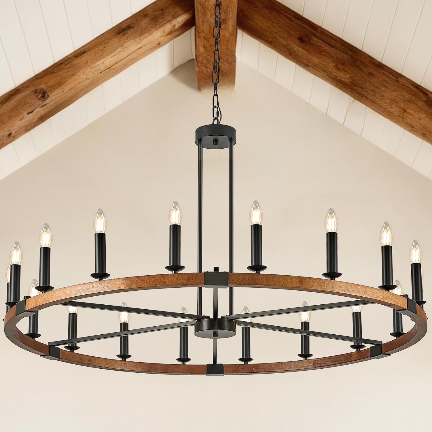 Farmhouse Large Wagon Wheel Chandelier 18 Light Round Chandeliers Light Fixtures 47in Rustic Wood Wheel Chandelier for Living Room Foyer Dining Room Hotel Lobby