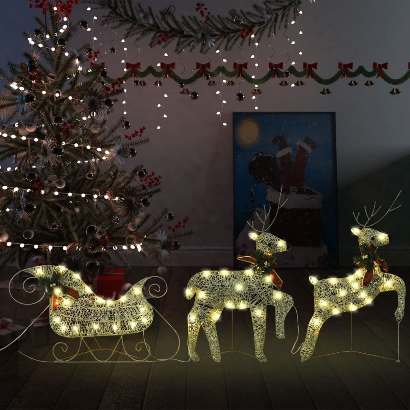 Chusui Renos y Trineo decoración de Navidad 60 Leds, Renos De Navidad, Decoracion Navidad Exterior, Figura Luz Navidad, Reno Luminoso Exterior, Dorado jardín