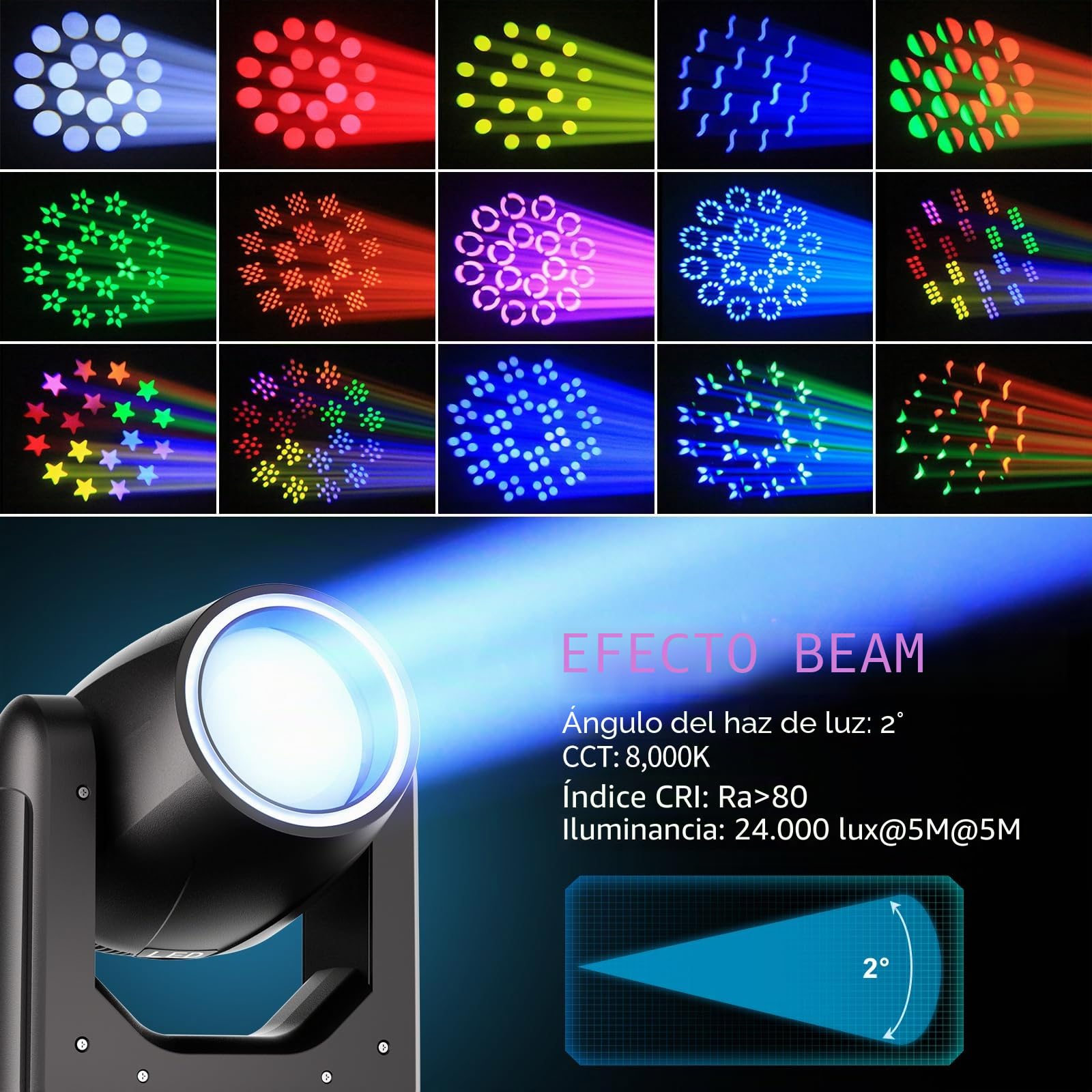 2PCS Foco de Cabeza Móvil de 200W, Luz LED RGB para Escenario con 18 Prismas 7+1 Colores 11+1 Patrones d-mx512 Control de Sonido para Clubes Fiestas Conciertos Discotecas DJ Navidad