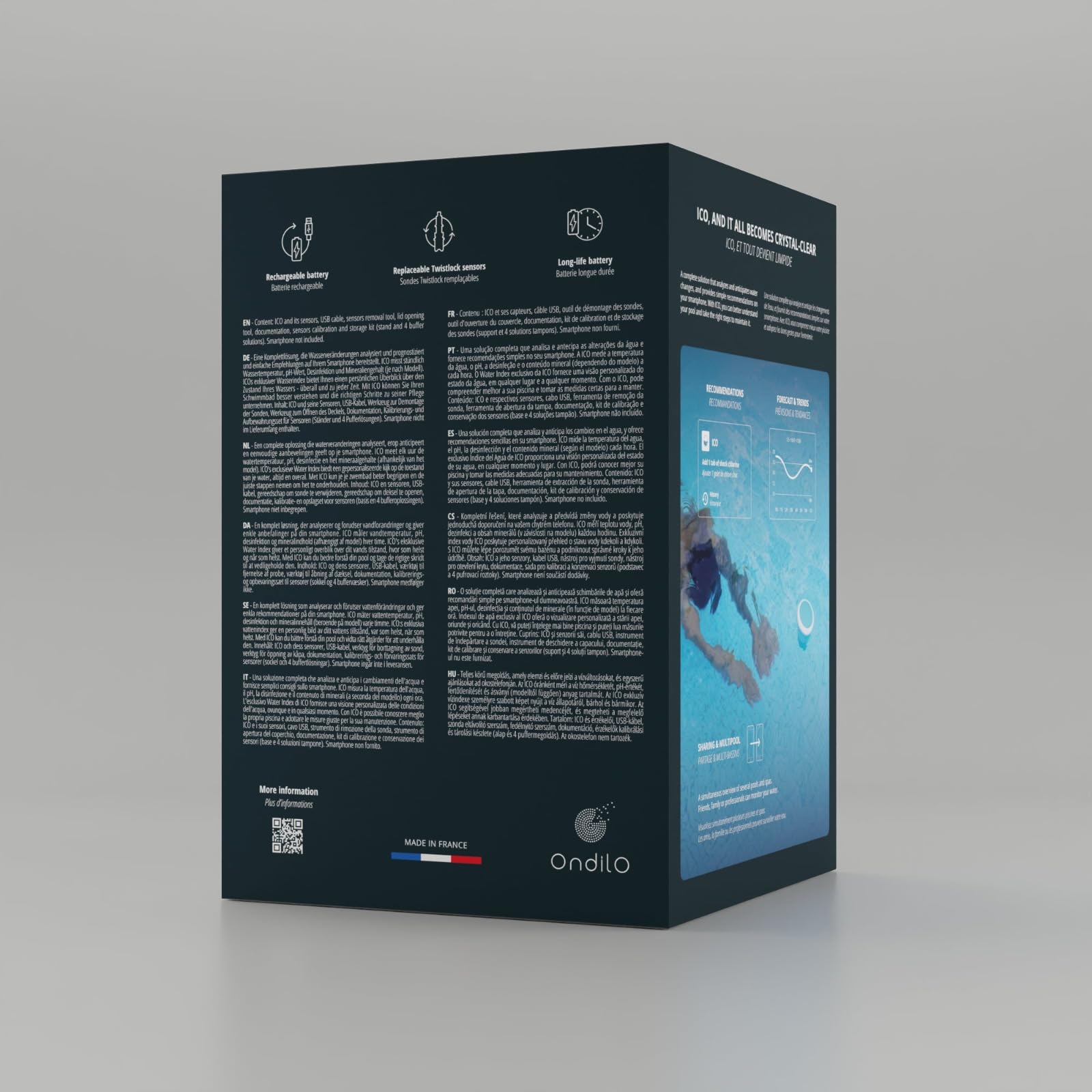 Ondilo ICO Pool V2 Essential+ Sel - Analyseur d'eau électronique pour piscines traitées au sel - Mesures toutes les heures pH, ORP, TDS et température de l'eau - Kit de calibration inclus