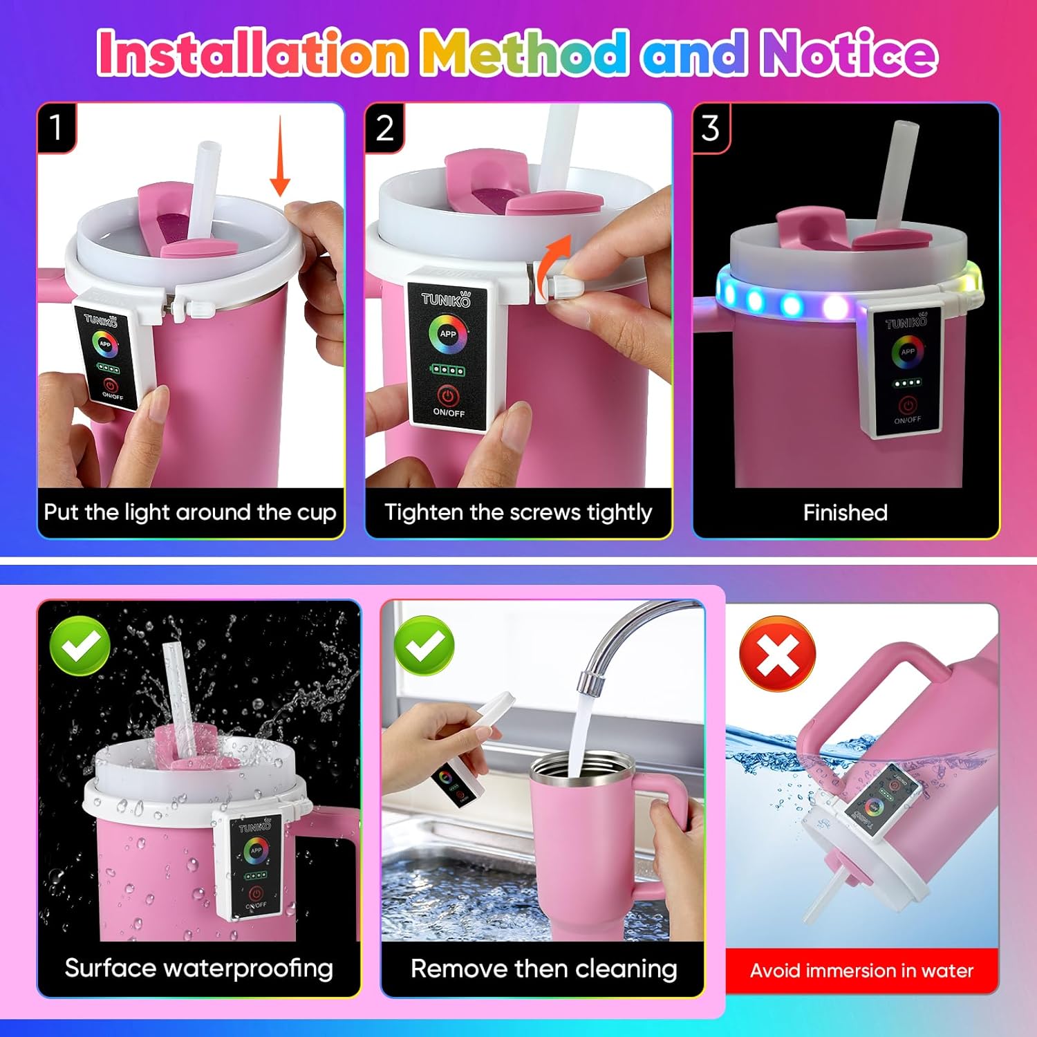 Colorful Light Accessories for Stanley Quencher H2.0/ProTour Tumbler Cup 40oz, Decorative Lights for Stanley Cup, Smart Bluetooth APP Control, Adjustable, Rechargeable, Home, Party - Image 7