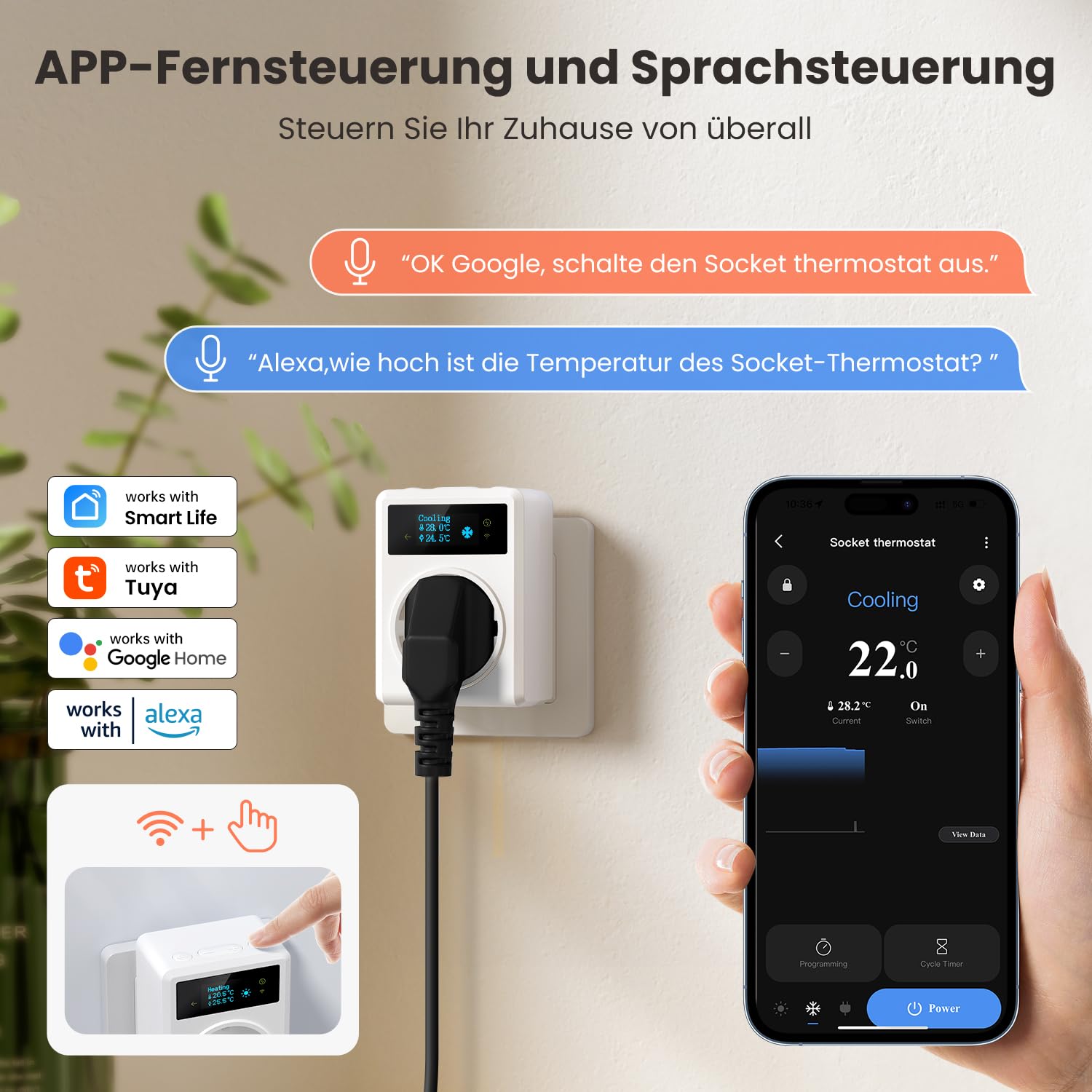 MIUCDA Smart Steckdosen-Thermostat WLAN für Heizung/Kühlung und Zeitschaltuhr mit 3m und 5cm Fühler, Digitaler Temperaturregler Kompatibel mit Alexa und Google für Gewächshäuser, Aquarien