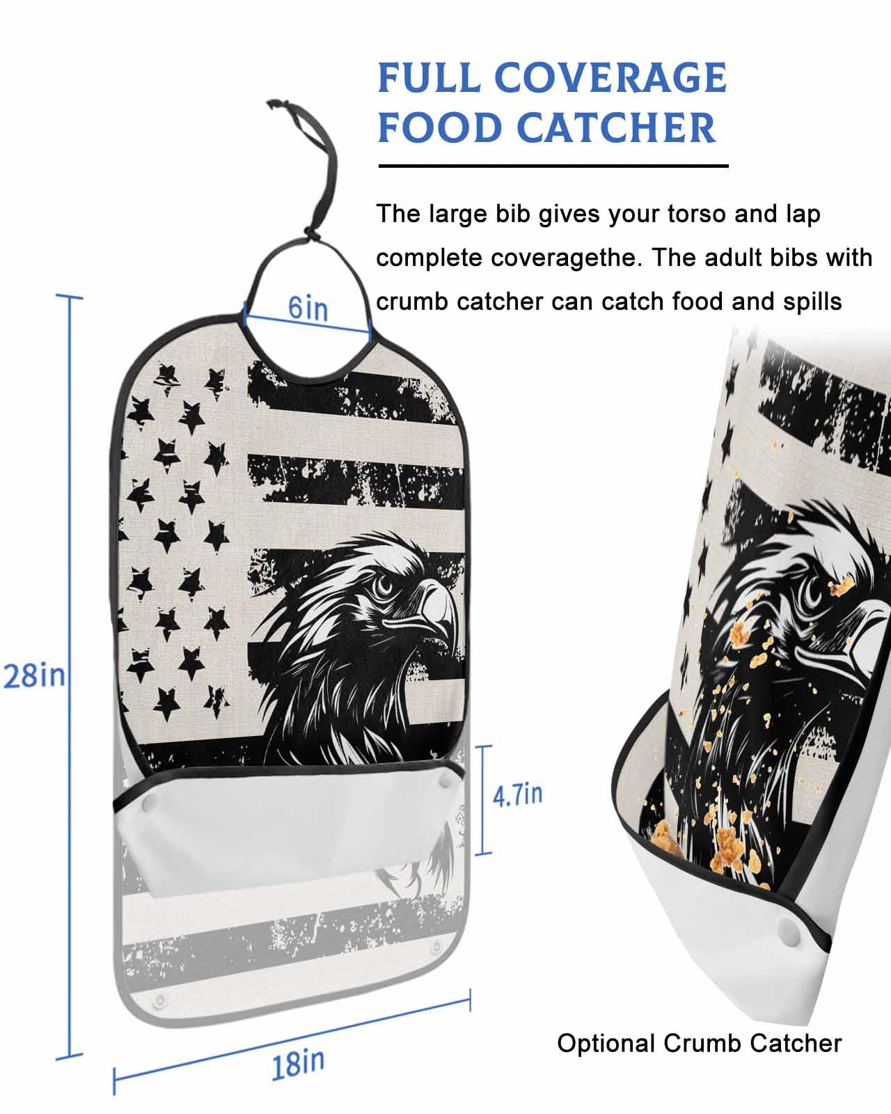 LEOKOTI Black Eagle 4th of July Adult Bibs for Eating, Waterproof Bibs with Food Catcher & Adjustable Snap Closure, American Flag Independence Day Washable Clothing Protectors Adult Bibs for Elderly