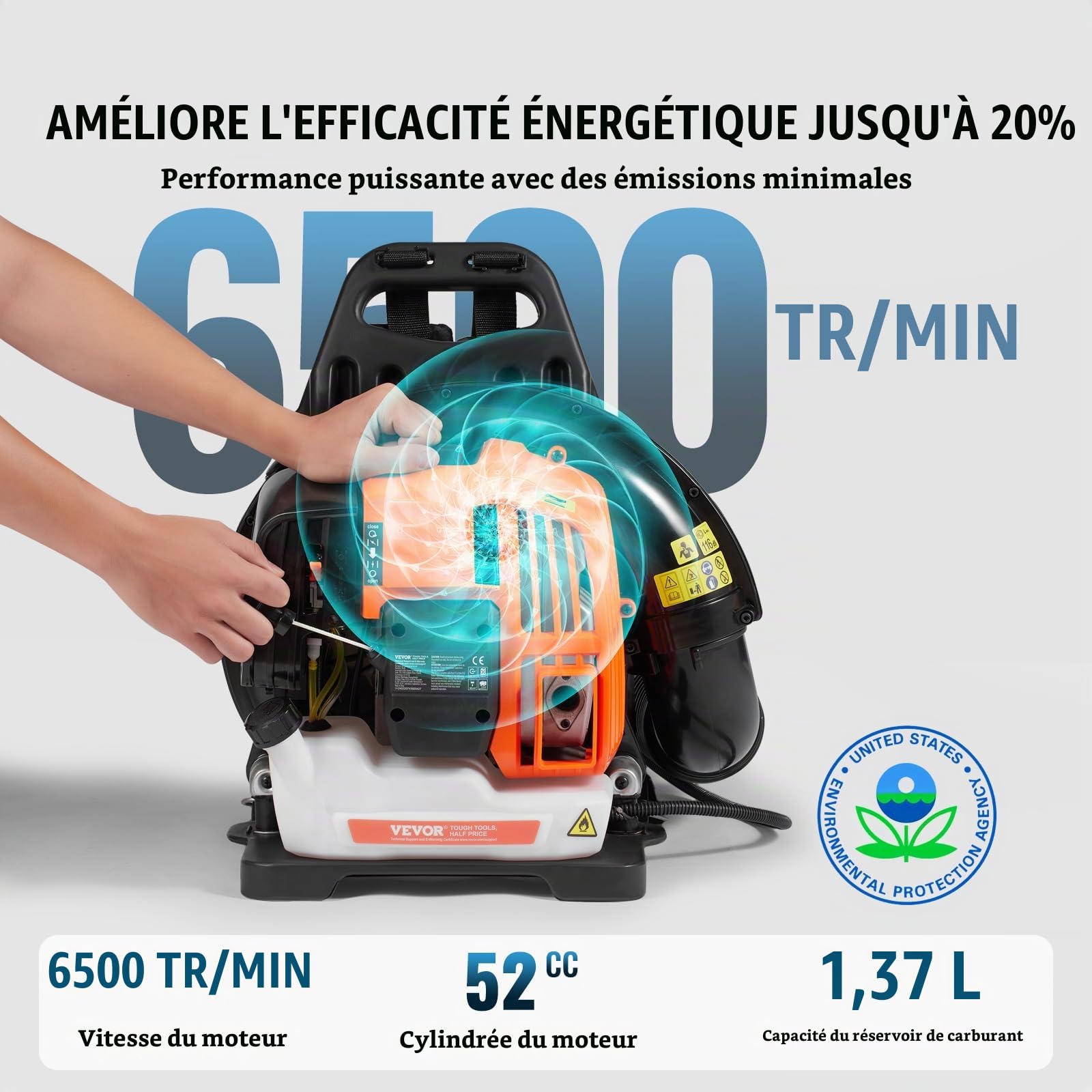 VEVOR Souffleur de Feuilles à Essence, 52 CC, souffleur de Neige à Dos 2 Temps, avec réservoir de Carburant 1,37 L, Volume d'air 480 CFM pour Entretien de pelouse, Nettoyage de Feuilles, déneigement