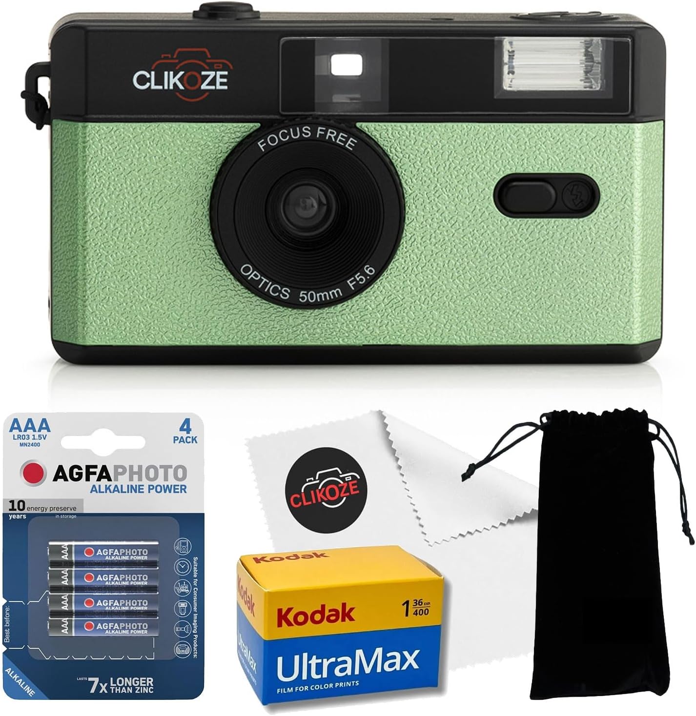 35mm Half Frame Film Camera Starter Bundle with 36 Exp Kodak Ultramax Film, Carrying Case, 4 x AAA Batteries and Lens Cloth - Sage Green