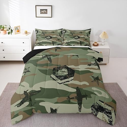 Miniatura 4 de Juego de edredón de camuflaje de avión para niños, juego de ropa de cama con decoración de avión de camuflaje para adolescentes y niños, edredón de