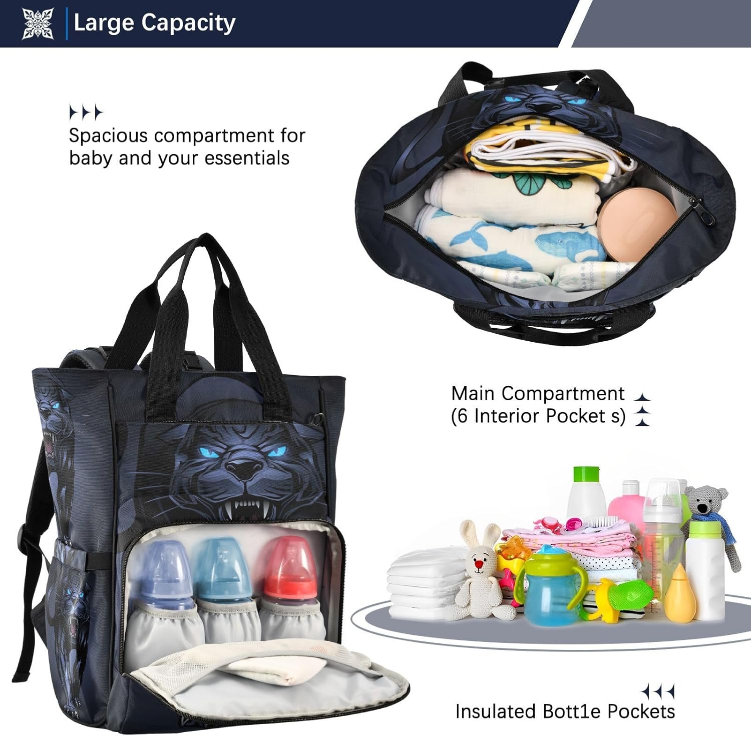 Bolaz Diaper Bag Backpack Travel Back Pack Large Capacity Maternity Baby Changing Bags Roaring Black Panther for Moms Dads