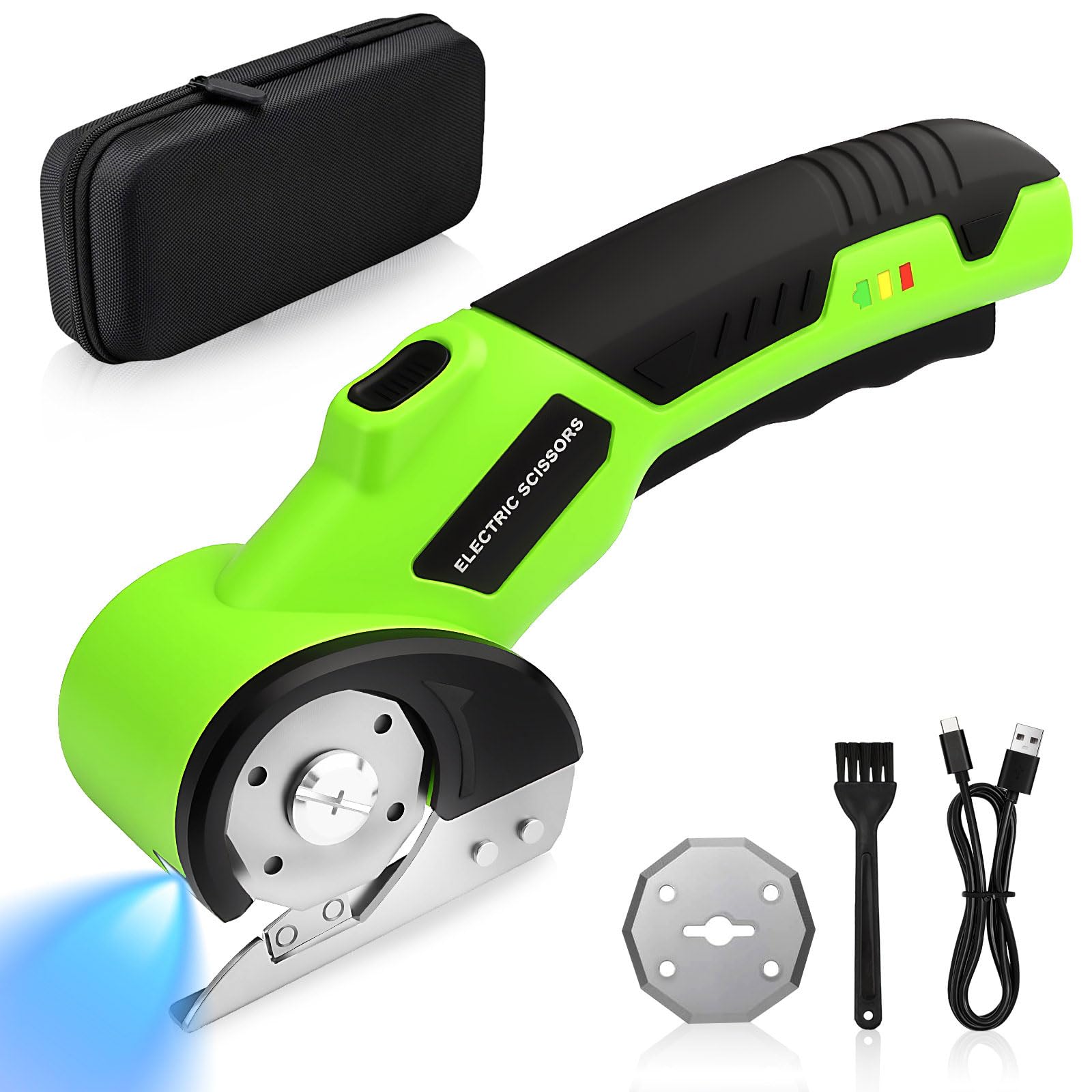 Forbice Elettrica Senza Filo 4.2V Taglierina per Cartone | con Lame Taglierina Rotante Universale con Luce LED, Borsa Portaoggetti Taglia Cartone per Pelle, PVC, Tappeti, Cartone