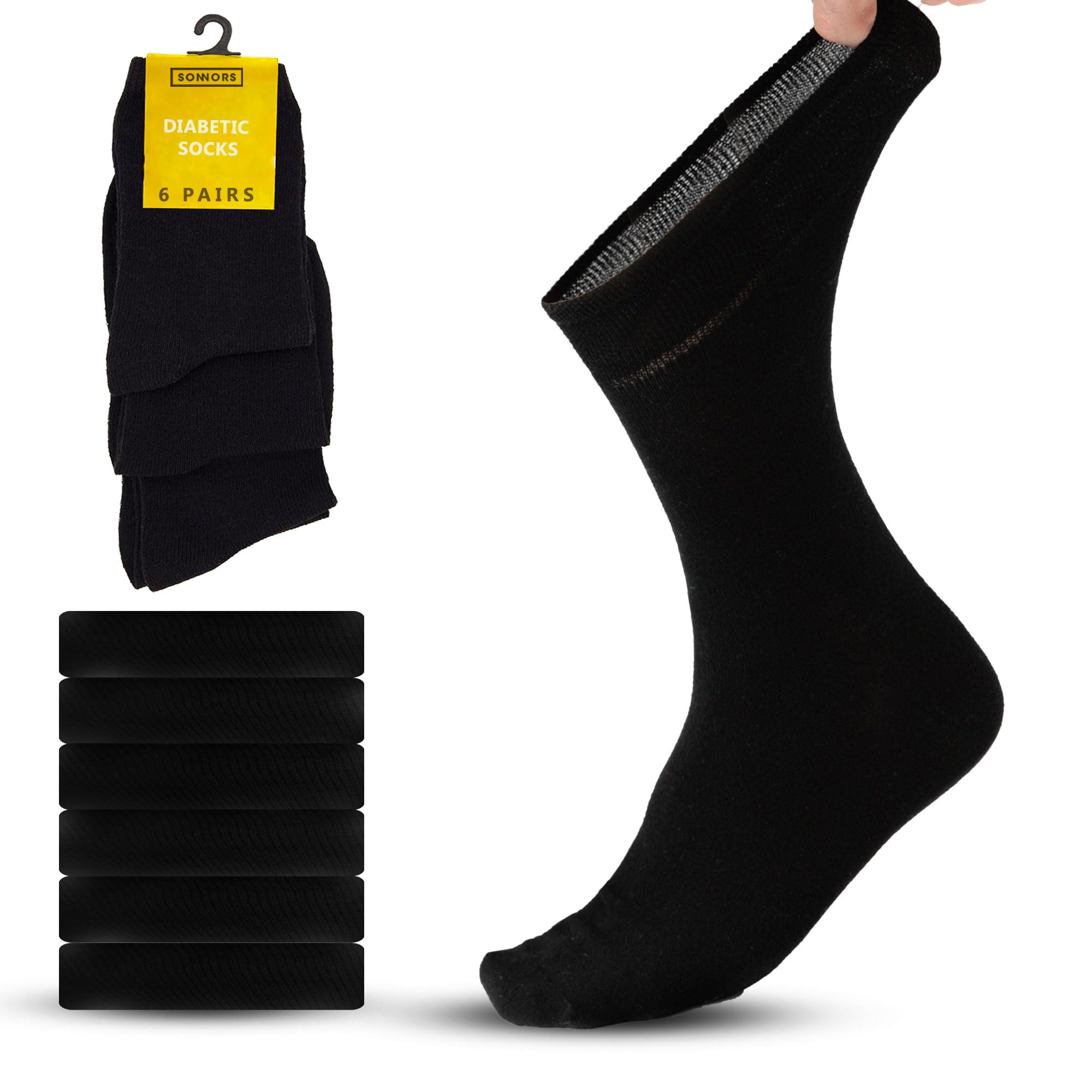SONNORS 6 Pairs Bamboo Black Diabetic Socks Mens Womens 9-12 - Warm Blood Circulation Swollen Feet Socks