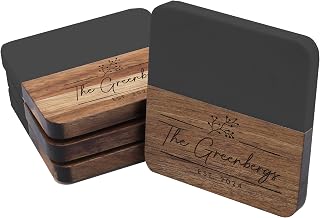 Custom Personalized Marble, Slate and Acacia Bar Coasters for Drinks, Wedding Gift for Couples, (Square Slate and Acacia)