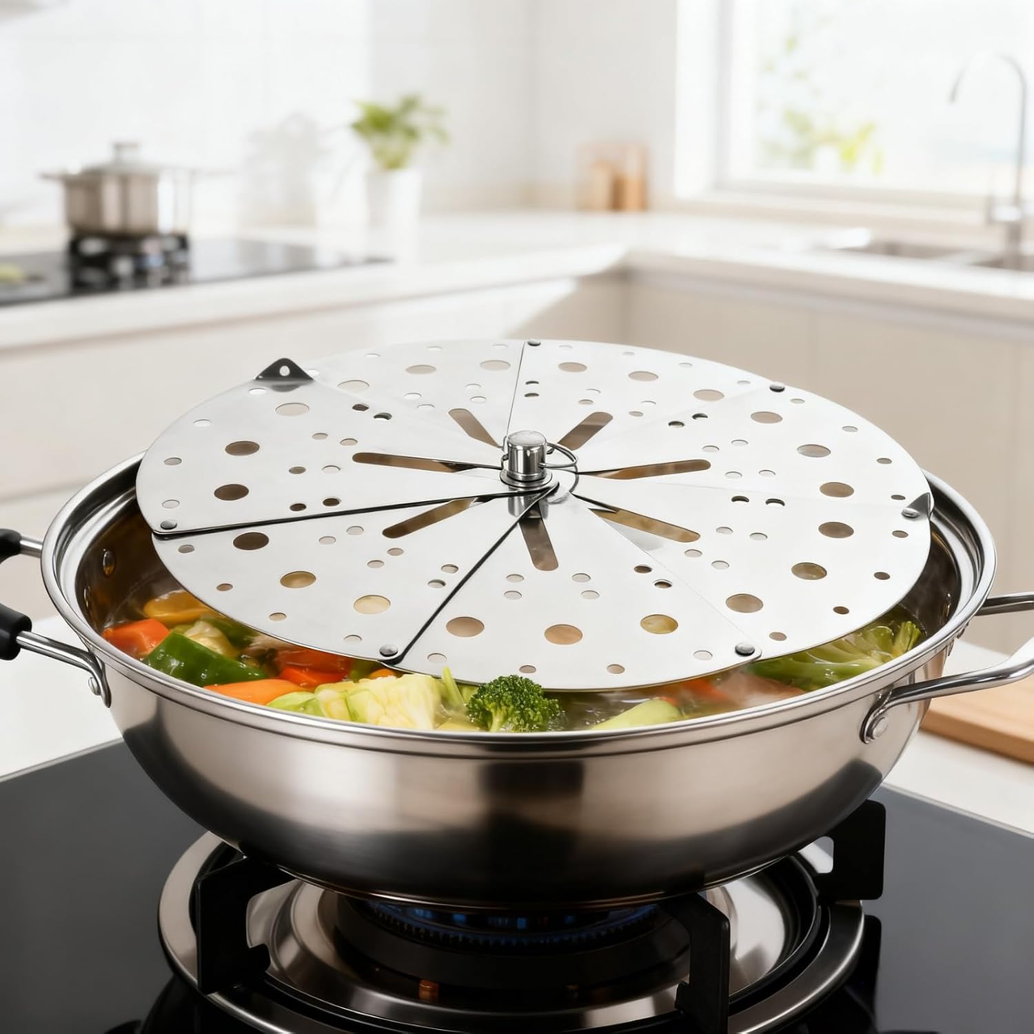 5"-9" Adjustable Stainless Steel Drop Lid Japanese Vegetable Steamer Basket