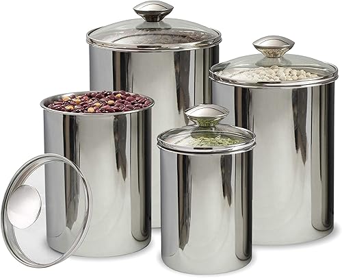 Miniatura 2 de Nu Steel TG-CA-GT-4PCSET - Juego de 4 recipientes de acero inoxidable con tapas de cristal templado para encimera de cocina, café, té, etc. Pequeño